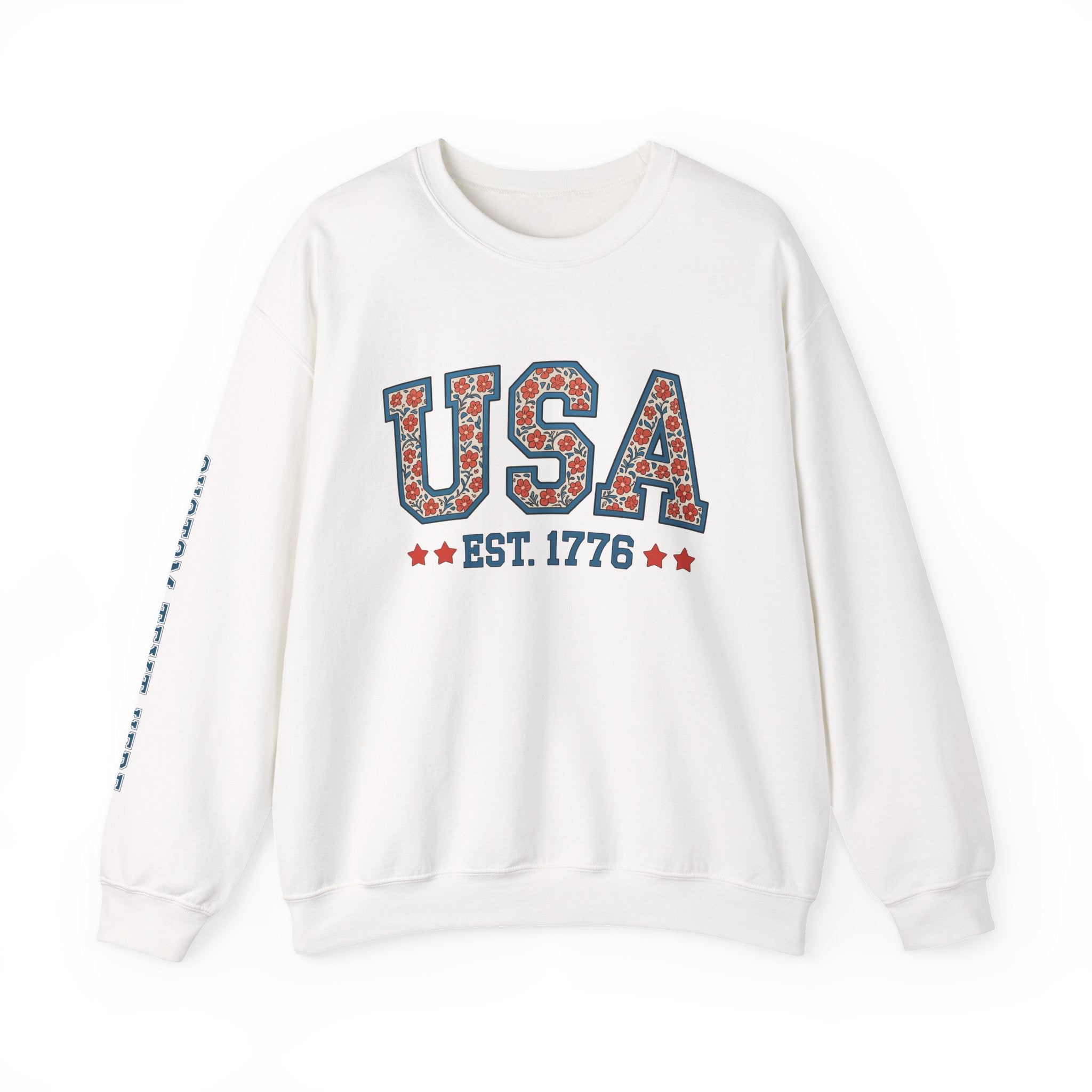 USA Floral Crewneck Sweatshirt – Custom Sleeve Text Pullover, Patriotic EST 1776 Gildan 15000, Vintage Americana Sweatshirt