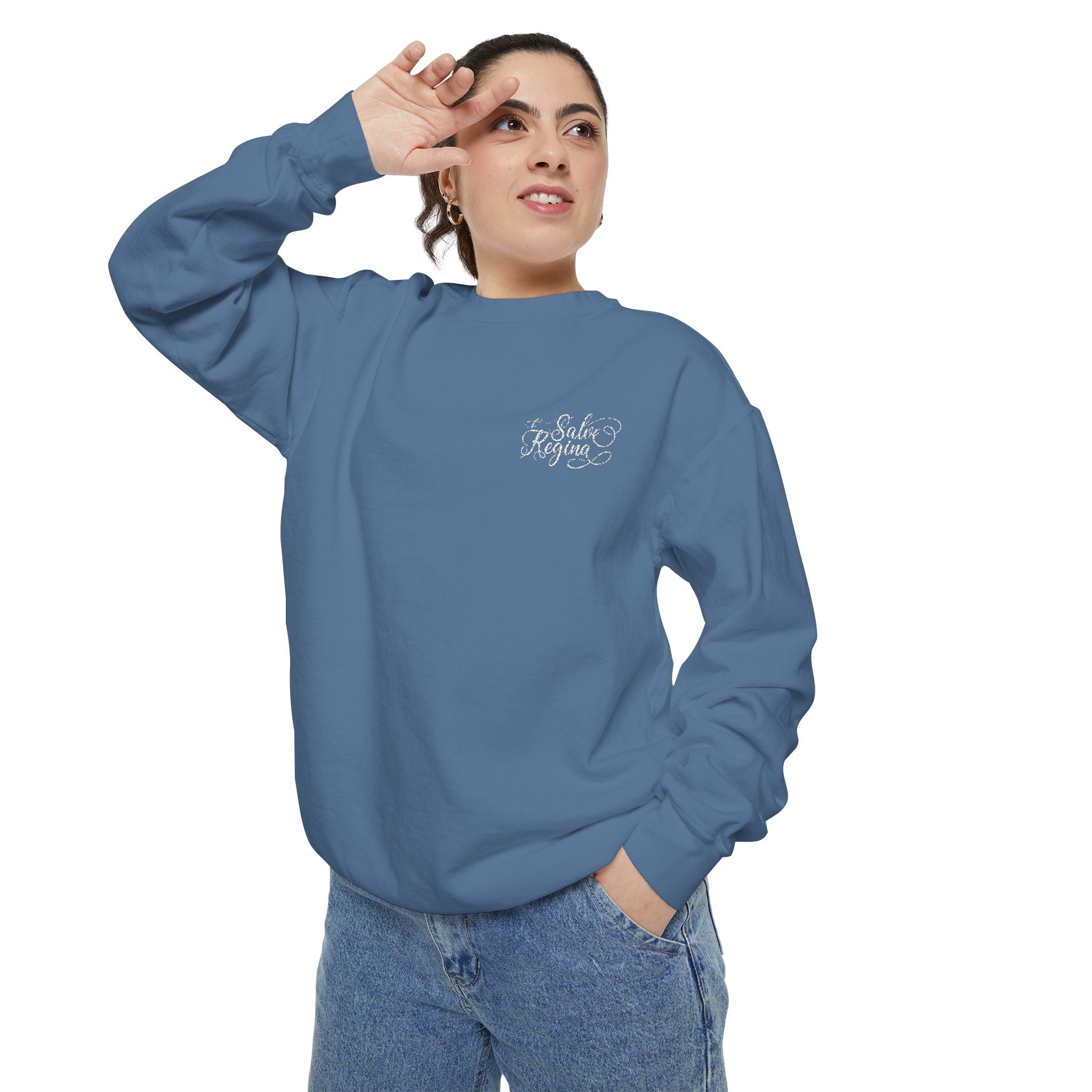 Comfort Colors Salve Regina Sweatshirt: Embroidered Marian Catholic Crewneck