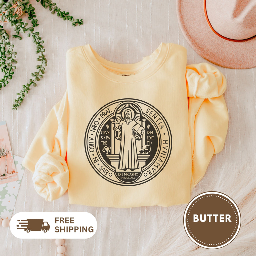 Saint Benedict Medal Unisex Sweatshirt, Crewneck Jumper, Christian Religious Gift, Catholic Clothing, Vintage Style Top