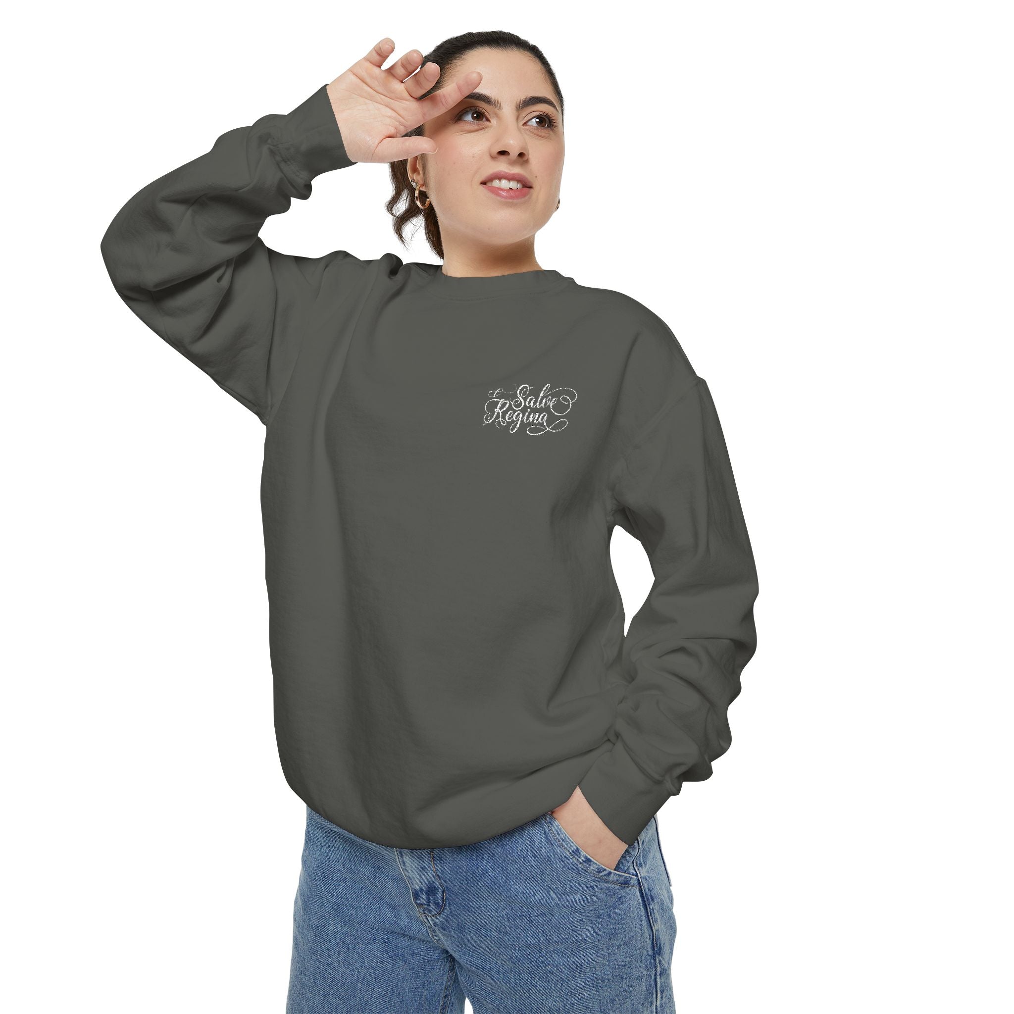 Comfort Colors Salve Regina Sweatshirt: Embroidered Marian Catholic Crewneck