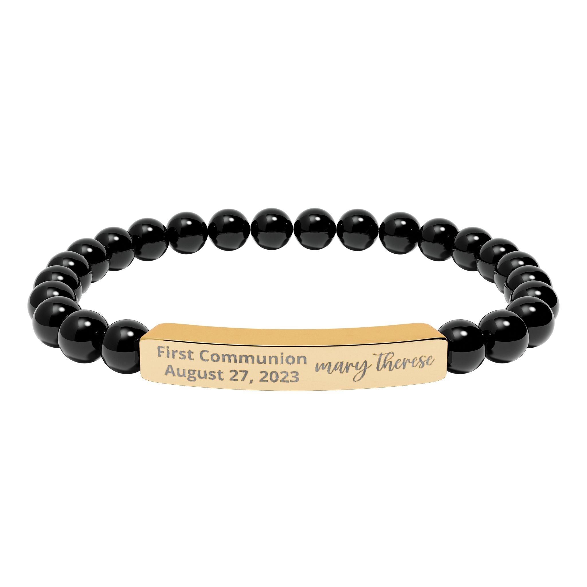 Personalized First Holy Communion Bracelet, Rose Quartz Catholic Jewelry with Engraved Name and Date