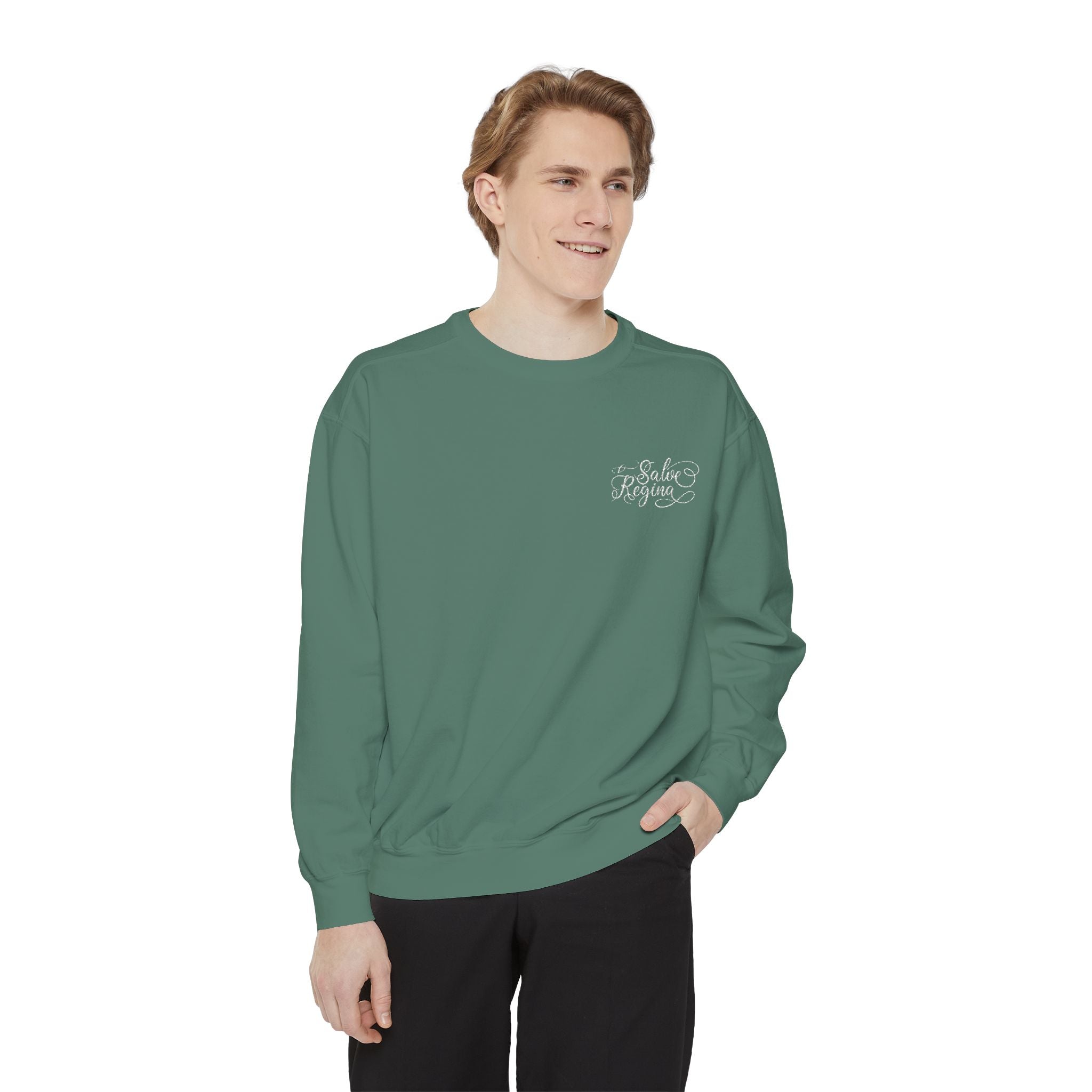 Comfort Colors Salve Regina Sweatshirt: Embroidered Marian Catholic Crewneck