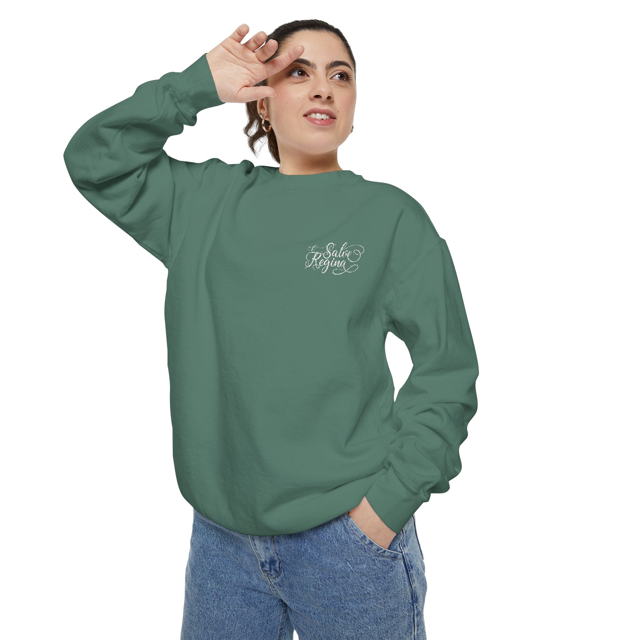 Comfort Colors Salve Regina Sweatshirt: Embroidered Marian Catholic Crewneck