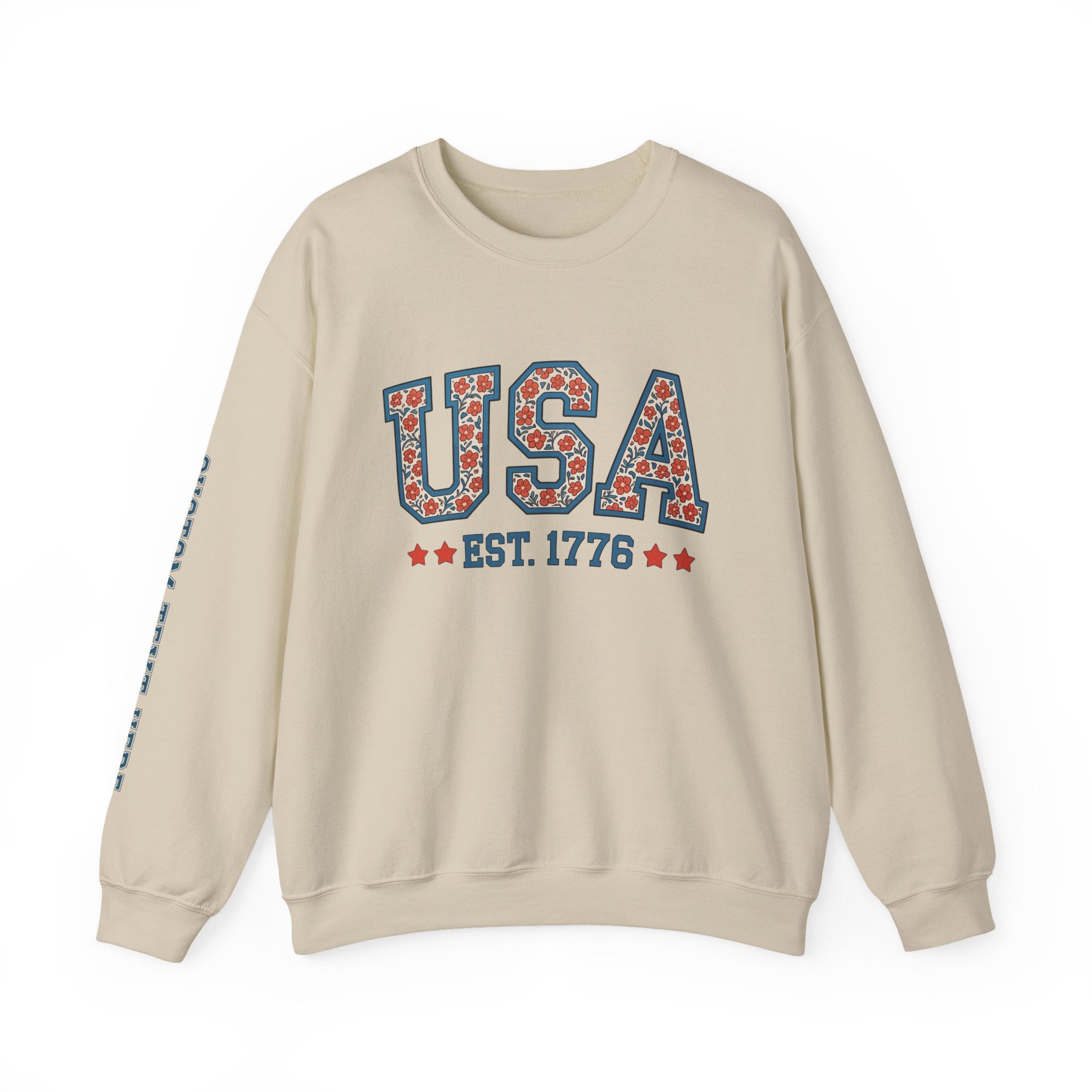 USA Floral Crewneck Sweatshirt – Custom Sleeve Text Pullover, Patriotic EST 1776 Gildan 15000, Vintage Americana Sweatshirt