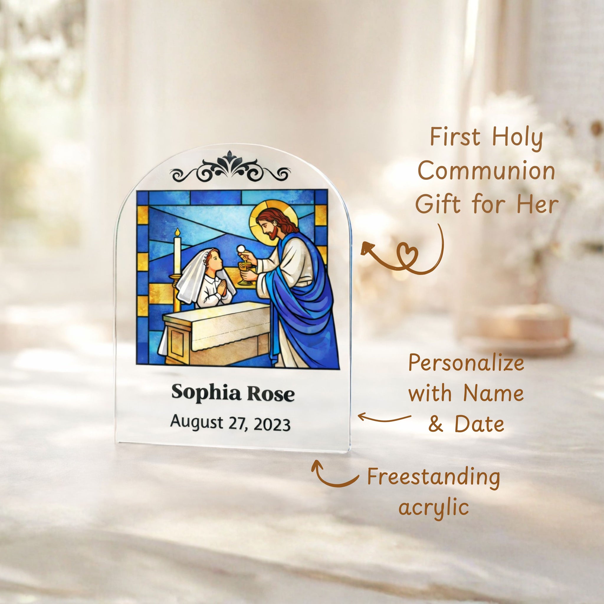 Personalized First Holy Communion Acrylic Plaque, Custom Catholic Keepsake with Name and Date