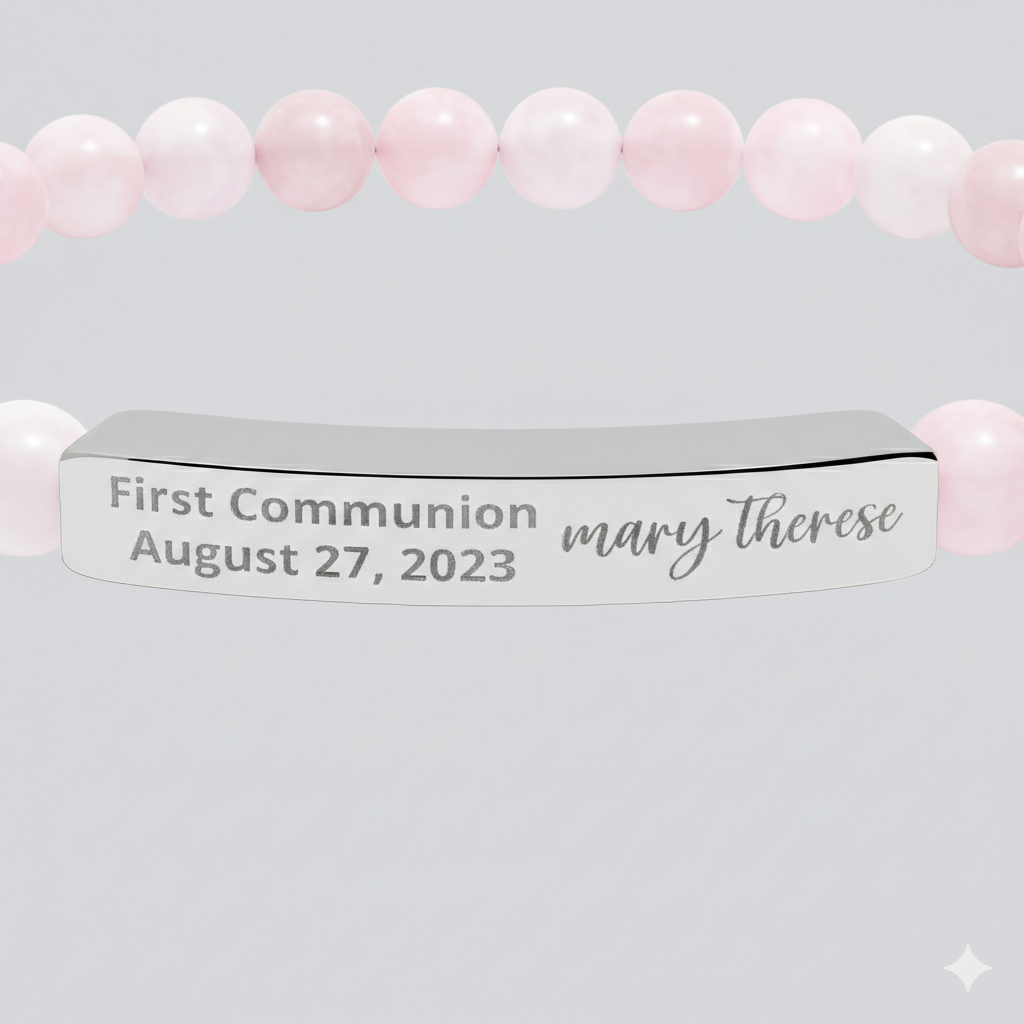 Personalized First Holy Communion Bracelet, Rose Quartz Catholic Jewelry with Engraved Name and Date
