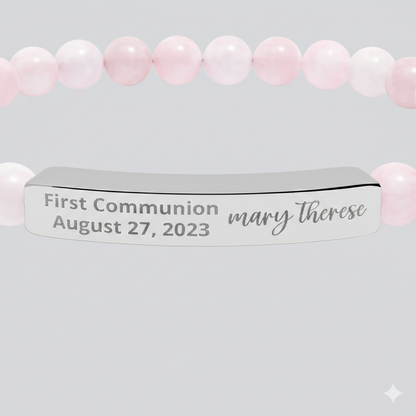Personalized First Holy Communion Bracelet, Rose Quartz Catholic Jewelry with Engraved Name and Date