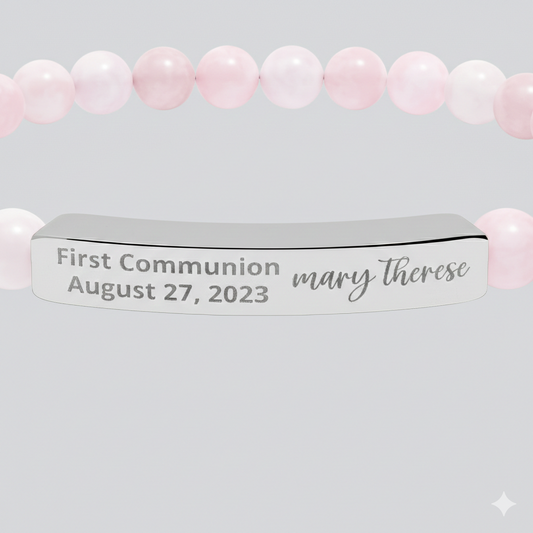 Personalized First Holy Communion Bracelet, Rose Quartz Catholic Jewelry with Engraved Name and Date