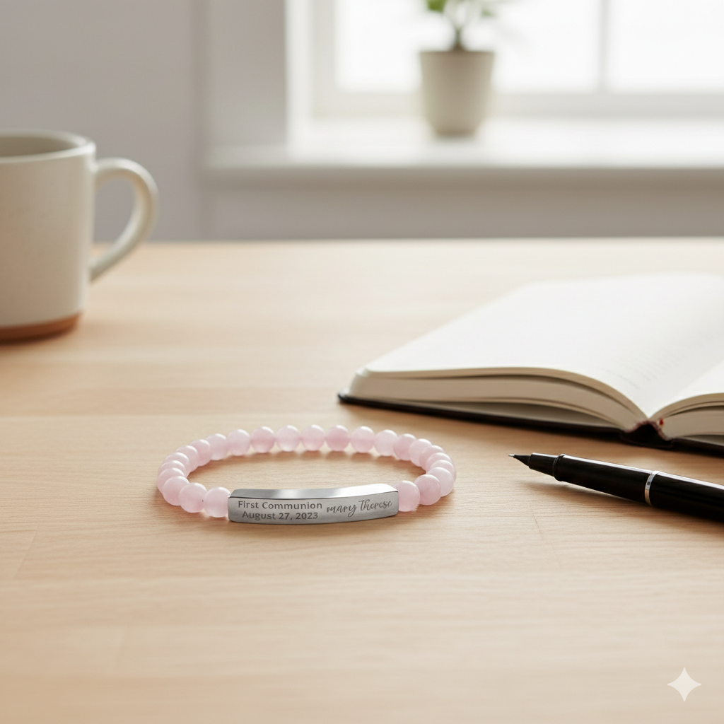 Personalized First Holy Communion Bracelet, Rose Quartz Catholic Jewelry with Engraved Name and Date