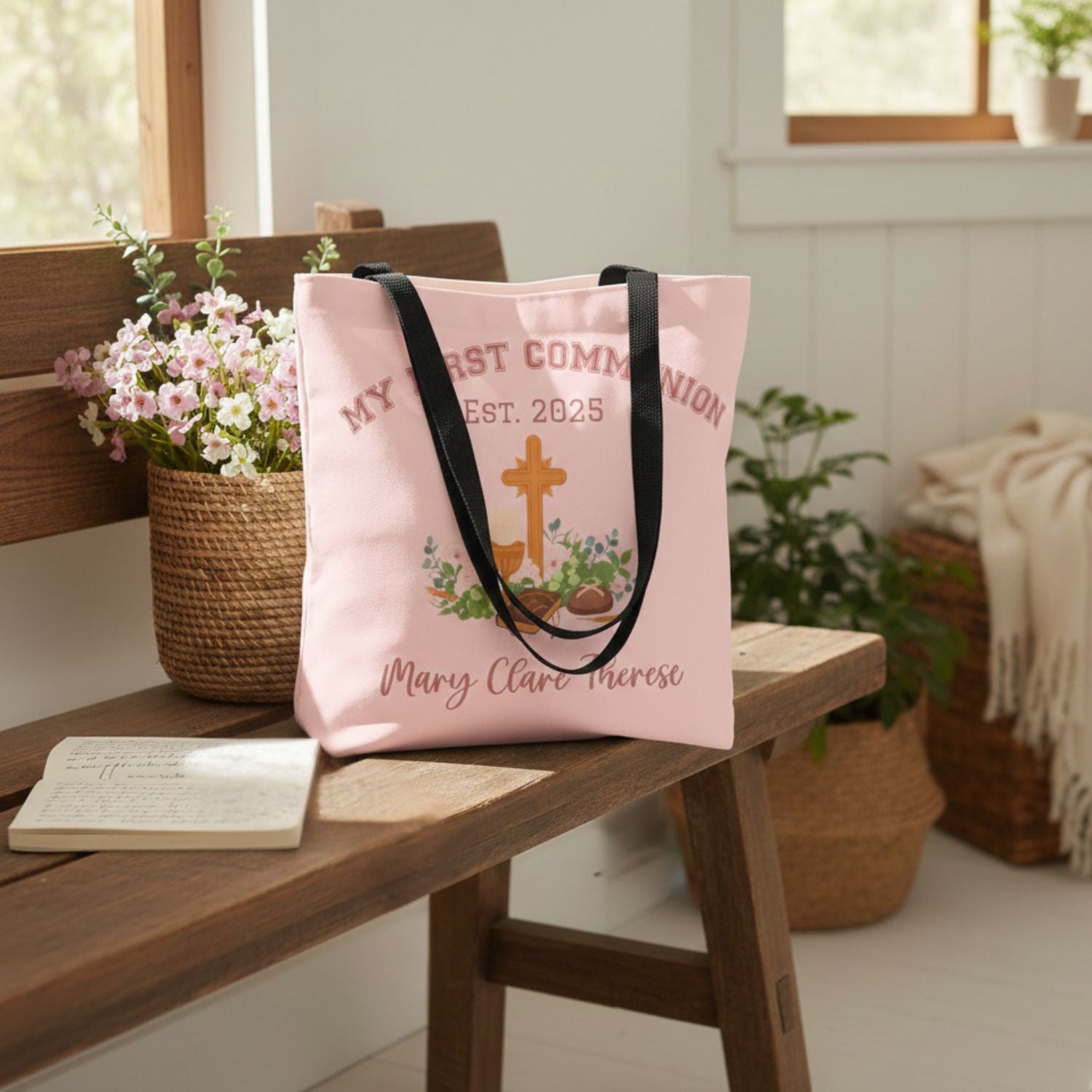 Personalized First Holy Communion Tote Bag, Custom Catholic Gift with Name or Bible Verse