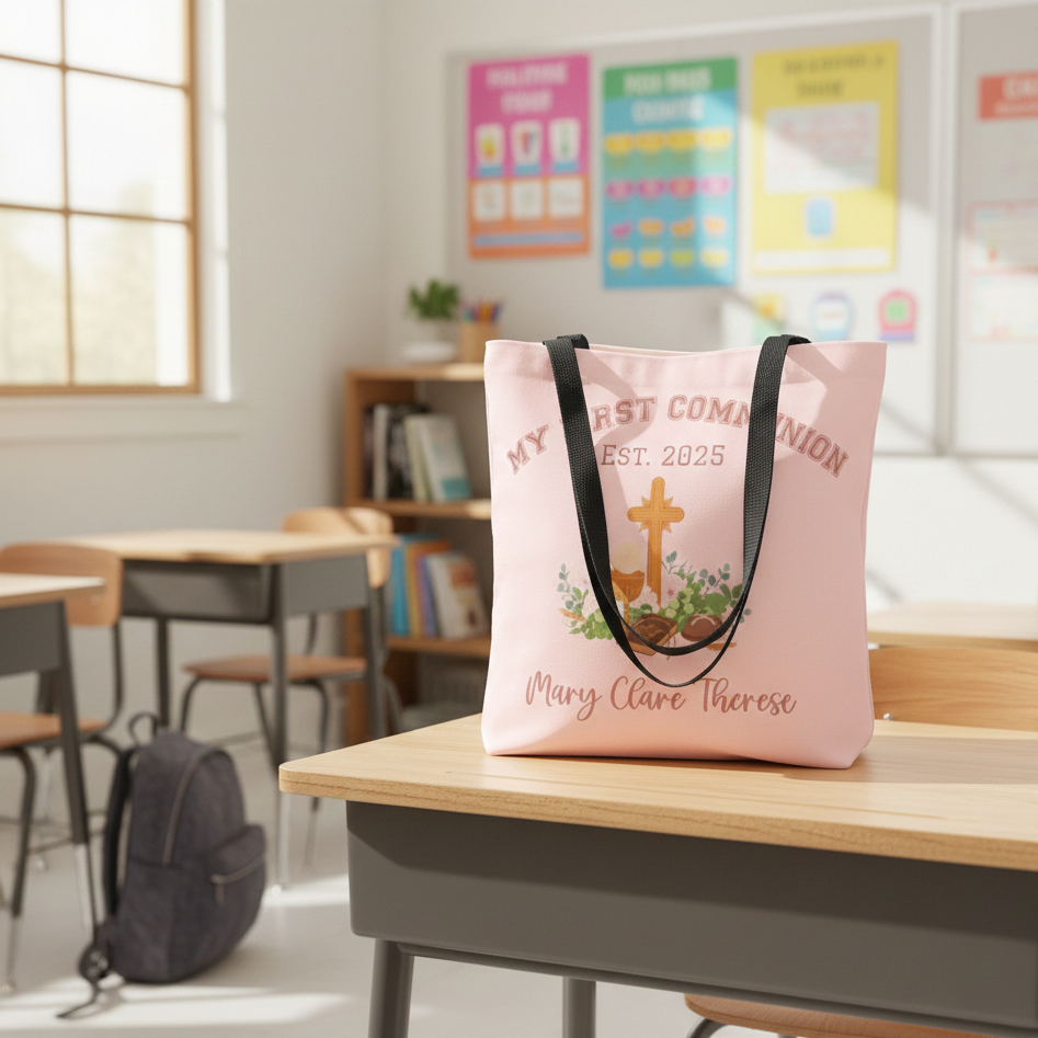 Pink tote bag with religious design on a desk in a classroom setting