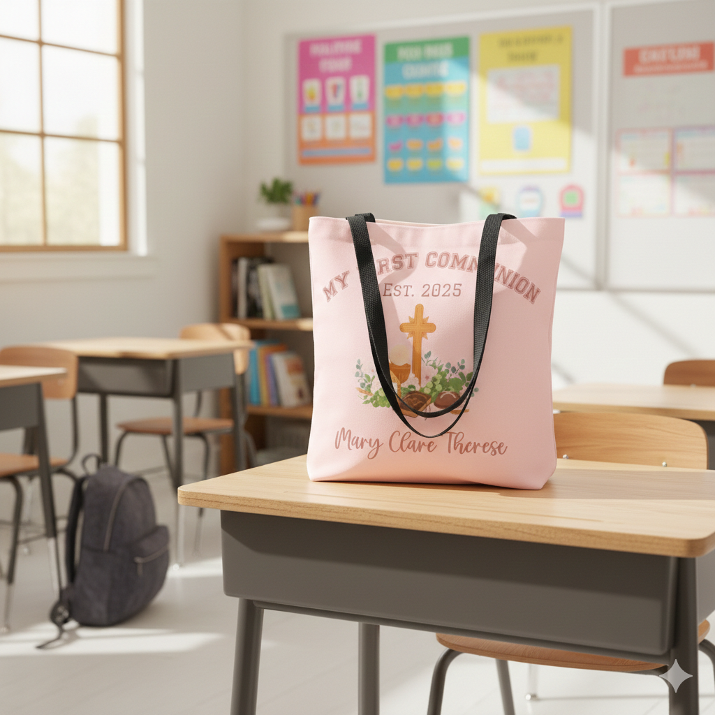Personalized First Holy Communion Tote Bag, Custom Catholic Gift with Name or Bible Verse