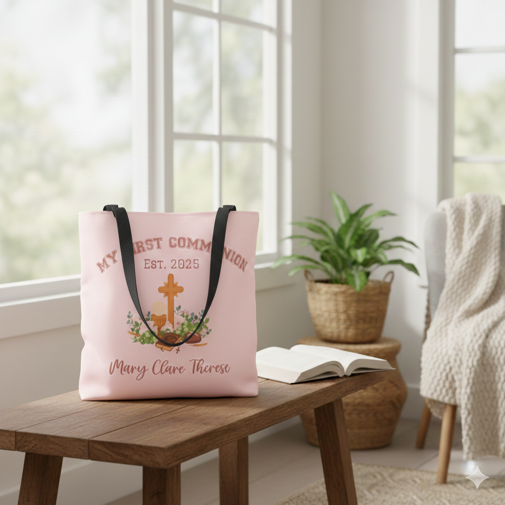 Personalized First Holy Communion Tote Bag, Custom Catholic Gift with Name or Bible Verse