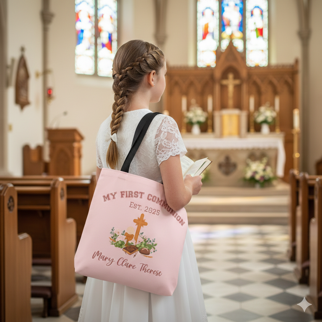 Personalized First Holy Communion Tote Bag, Custom Catholic Gift with Name or Bible Verse