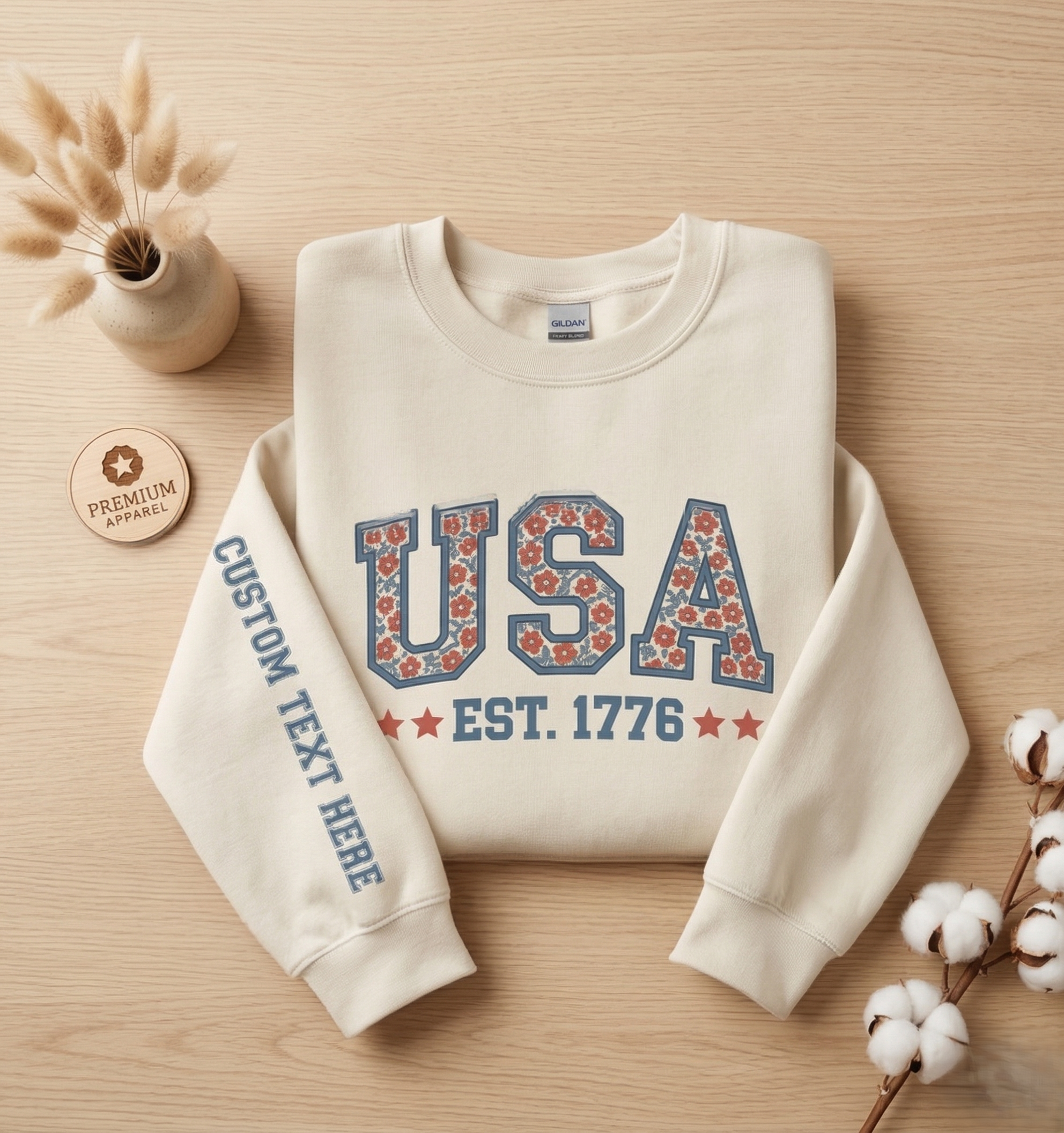 USA Floral Crewneck Sweatshirt – Custom Sleeve Text Pullover, Patriotic EST 1776 Gildan 15000, Vintage Americana Sweatshirt