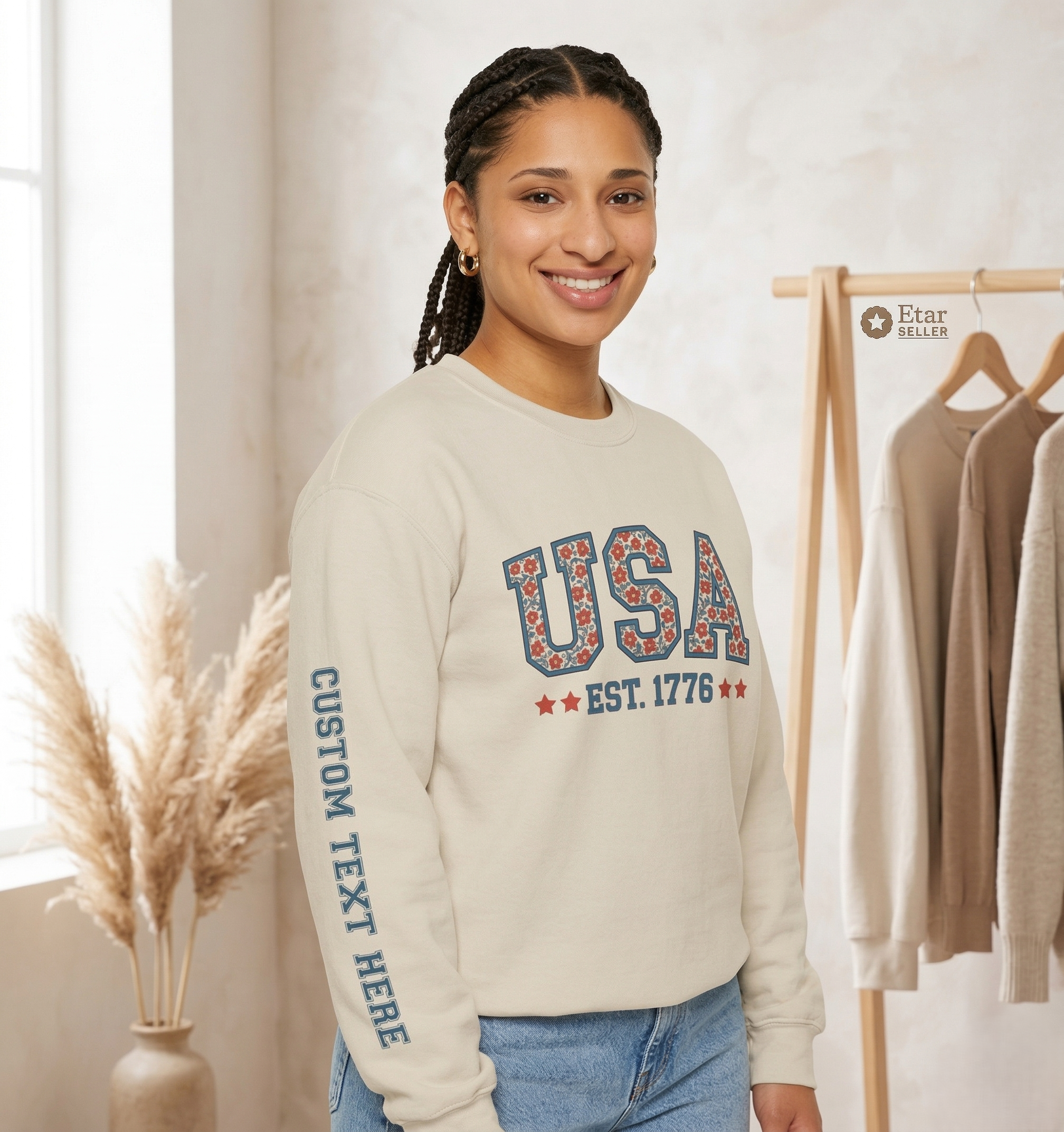 USA Floral Crewneck Sweatshirt – Custom Sleeve Text Pullover, Patriotic EST 1776 Gildan 15000, Vintage Americana Sweatshirt