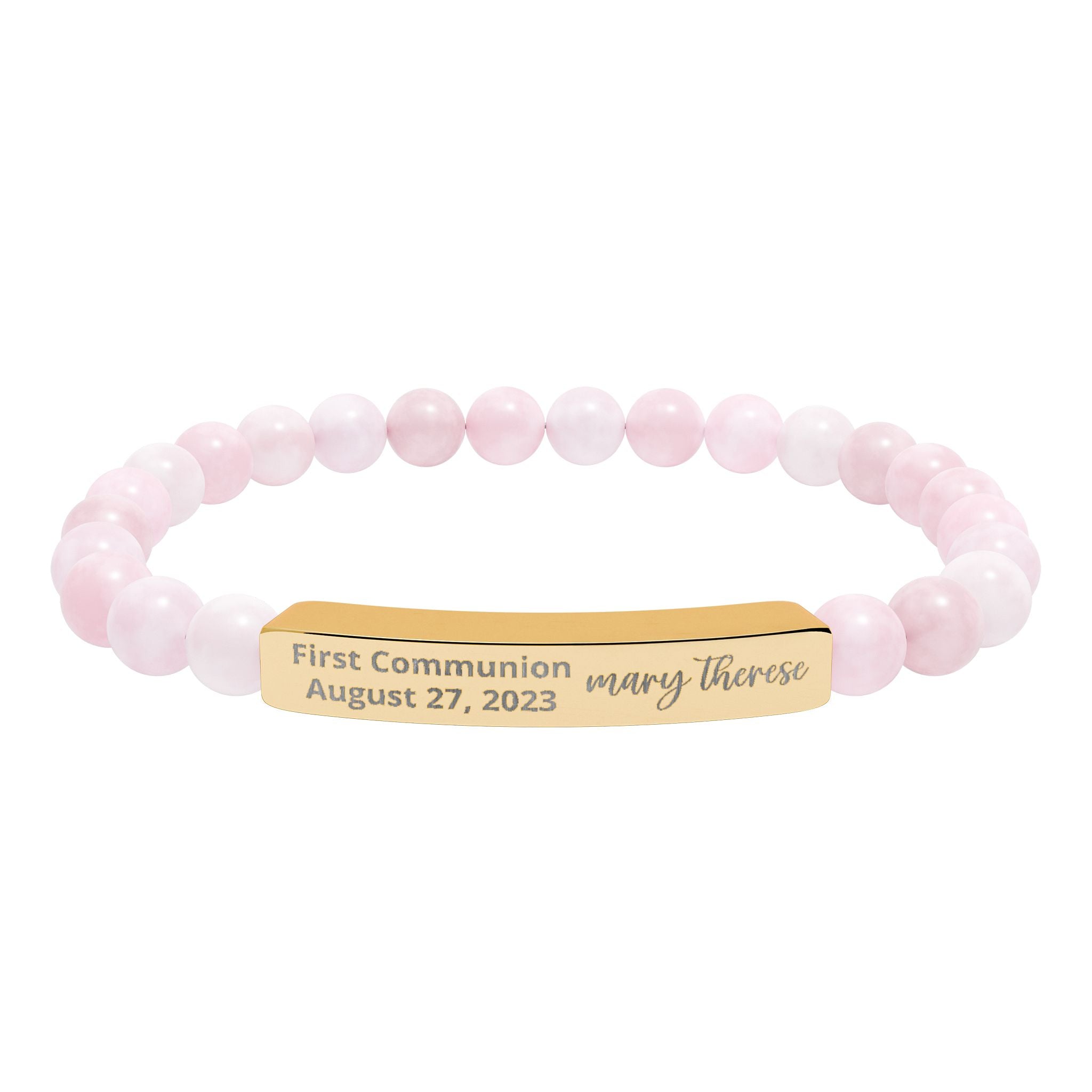 Personalized First Holy Communion Bracelet, Rose Quartz Catholic Jewelry with Engraved Name and Date