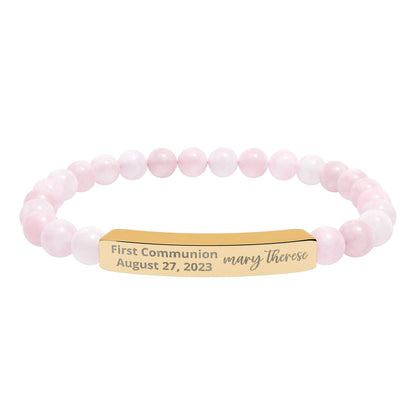 Personalized First Holy Communion Bracelet, Rose Quartz Catholic Jewelry with Engraved Name and Date