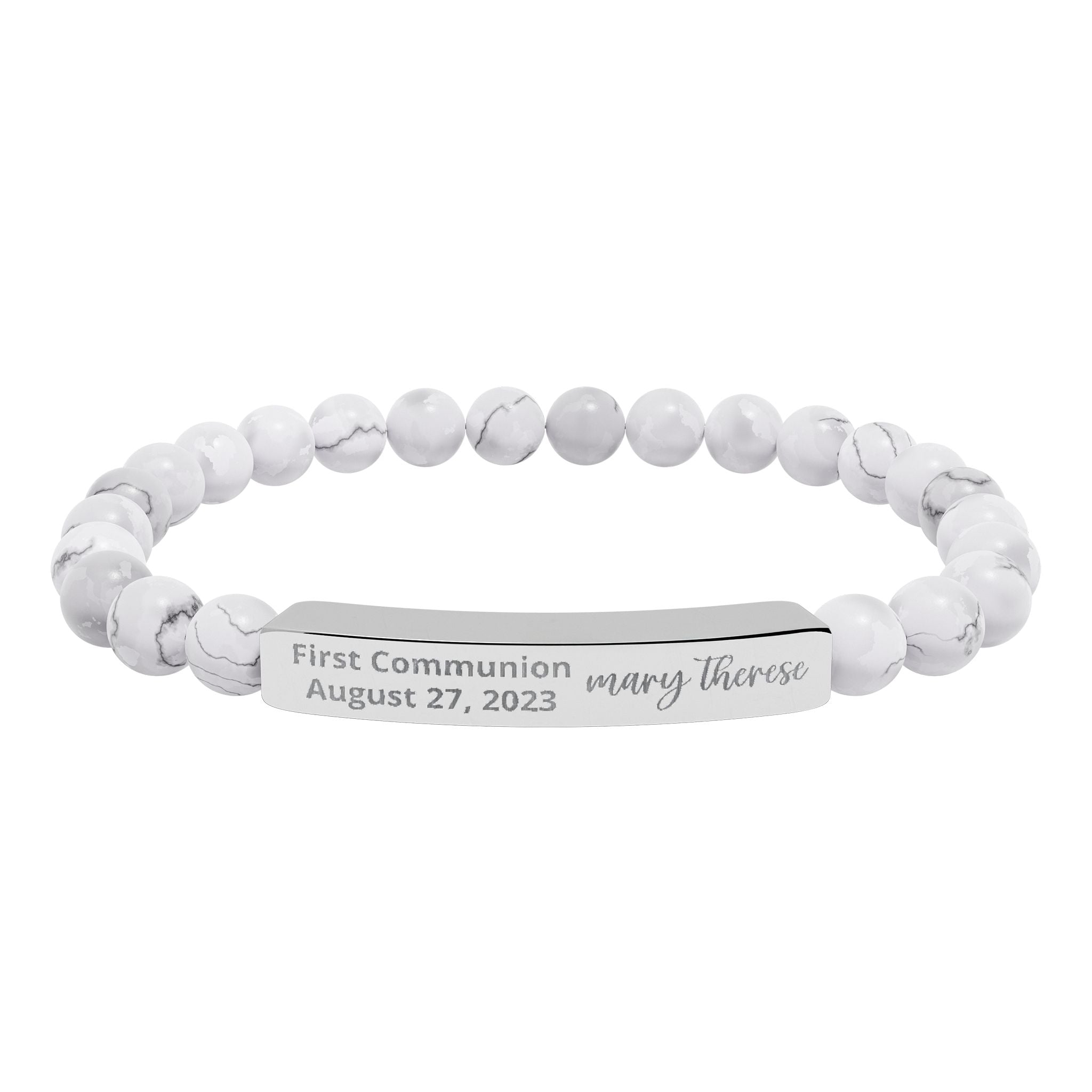 Personalized First Holy Communion Bracelet, Rose Quartz Catholic Jewelry with Engraved Name and Date