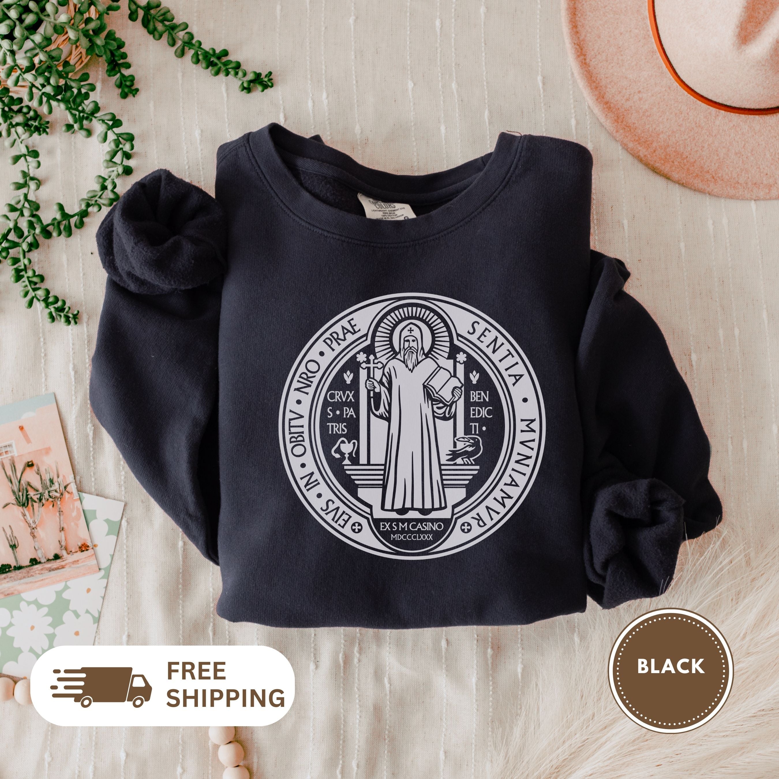 Saint Benedict Medal Unisex Sweatshirt, Crewneck Jumper, Christian Religious Gift, Catholic Clothing, Vintage Style Top