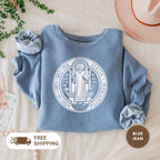 Saint Benedict Medal Unisex Sweatshirt, Crewneck Jumper, Christian Religious Gift, Catholic Clothing, Vintage Style Top