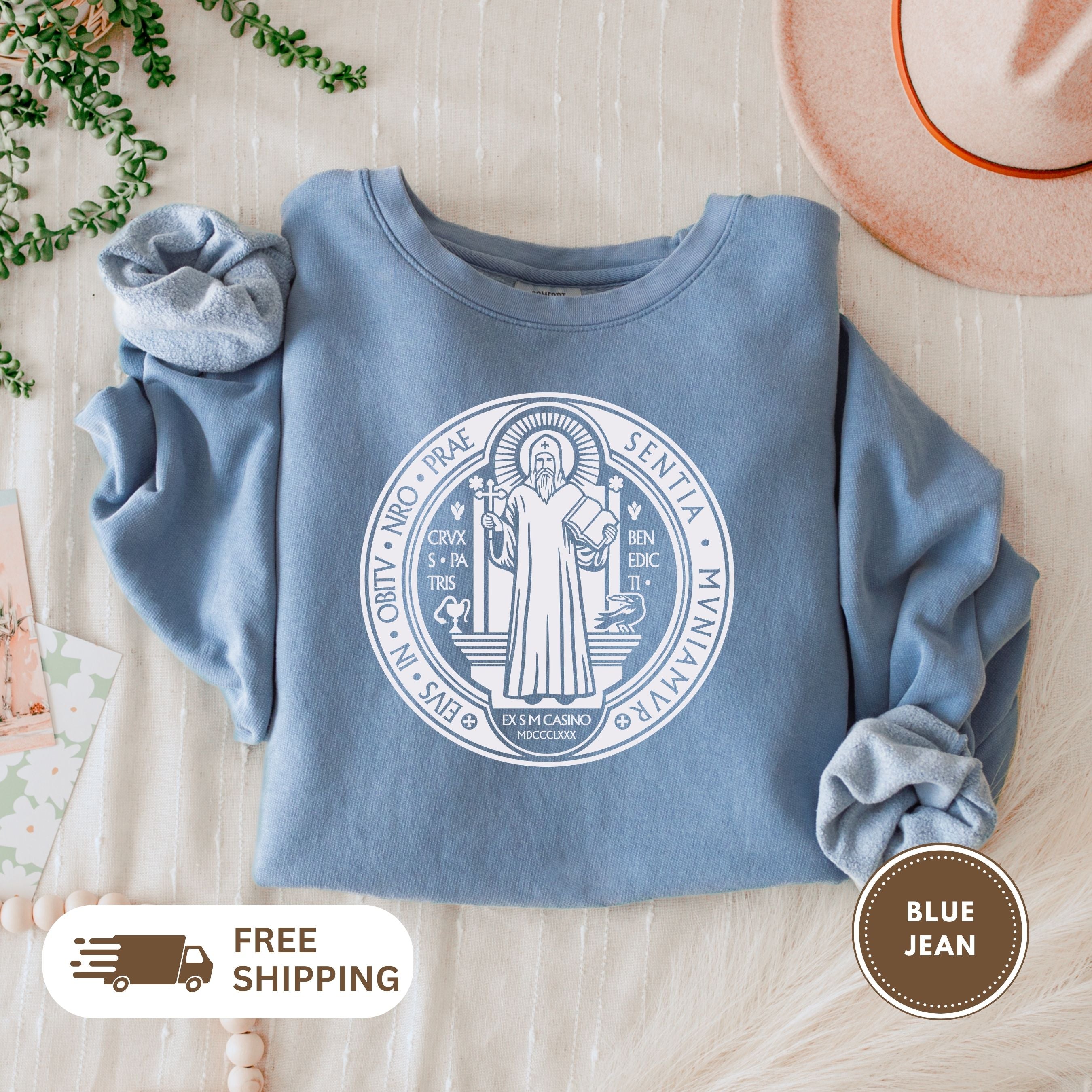 Saint Benedict Medal Unisex Sweatshirt, Crewneck Jumper, Christian Religious Gift, Catholic Clothing, Vintage Style Top