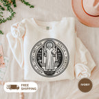 Saint Benedict Medal Unisex Sweatshirt, Crewneck Jumper, Christian Religious Gift, Catholic Clothing, Vintage Style Top