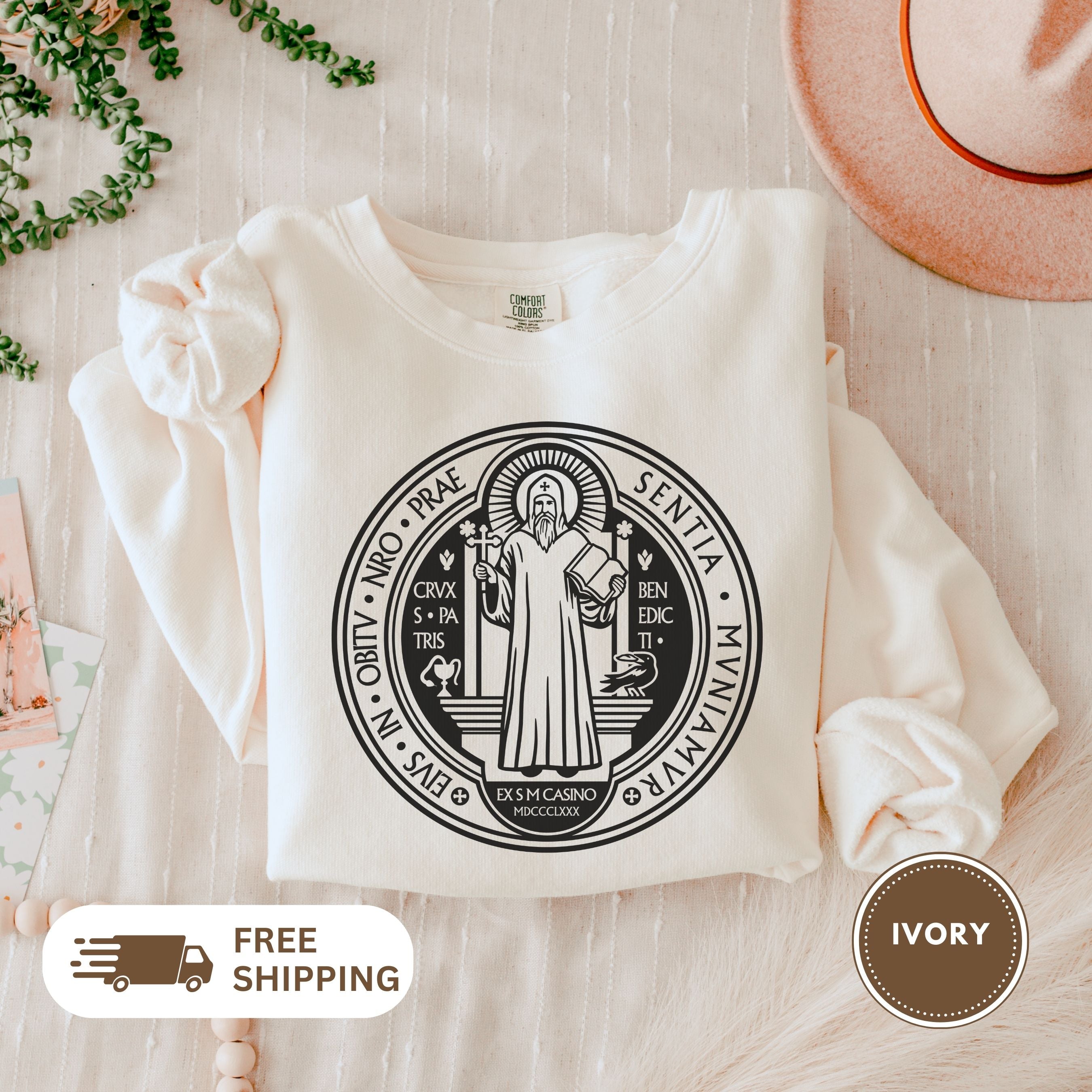 Saint Benedict Medal Unisex Sweatshirt, Crewneck Jumper, Christian Religious Gift, Catholic Clothing, Vintage Style Top