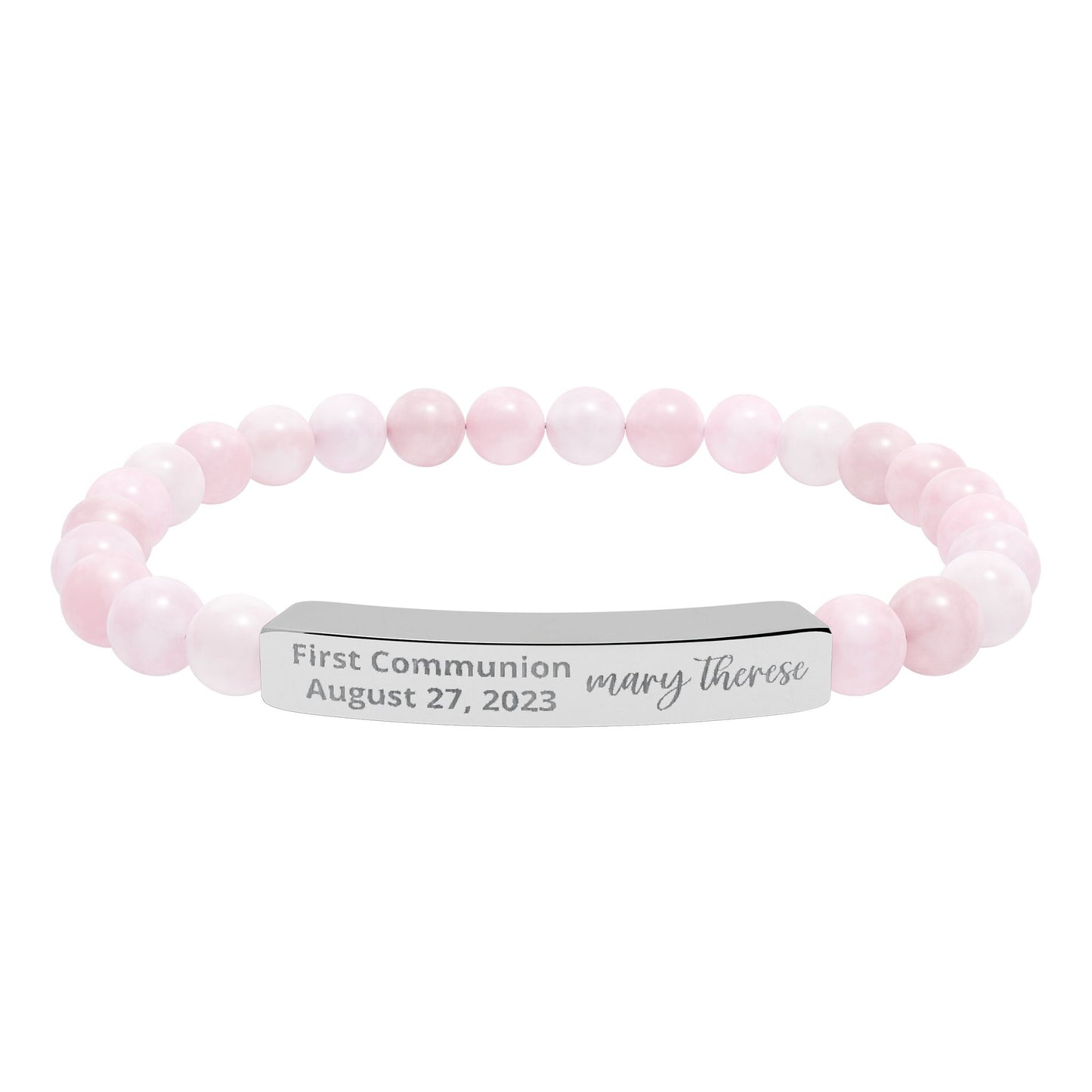 Personalized First Holy Communion Bracelet, Rose Quartz Catholic Jewelry with Engraved Name and Date
