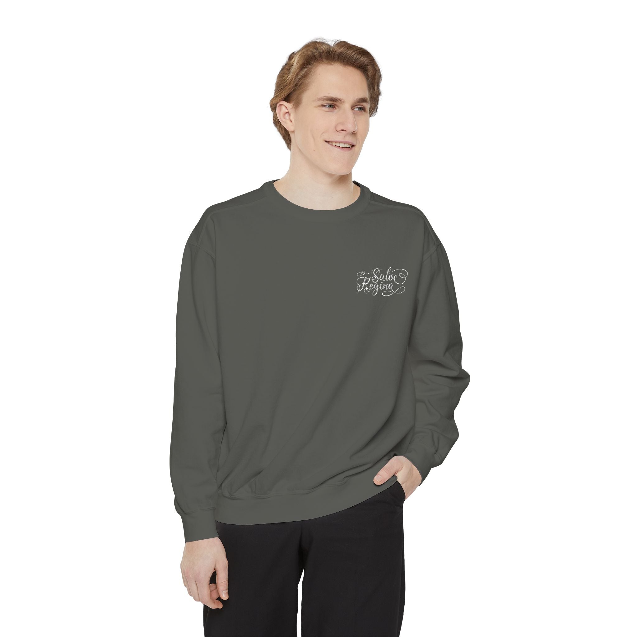 Comfort Colors Salve Regina Sweatshirt: Embroidered Marian Catholic Crewneck