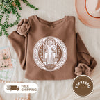 Saint Benedict Medal Unisex Sweatshirt, Crewneck Jumper, Christian Religious Gift, Catholic Clothing, Vintage Style Top