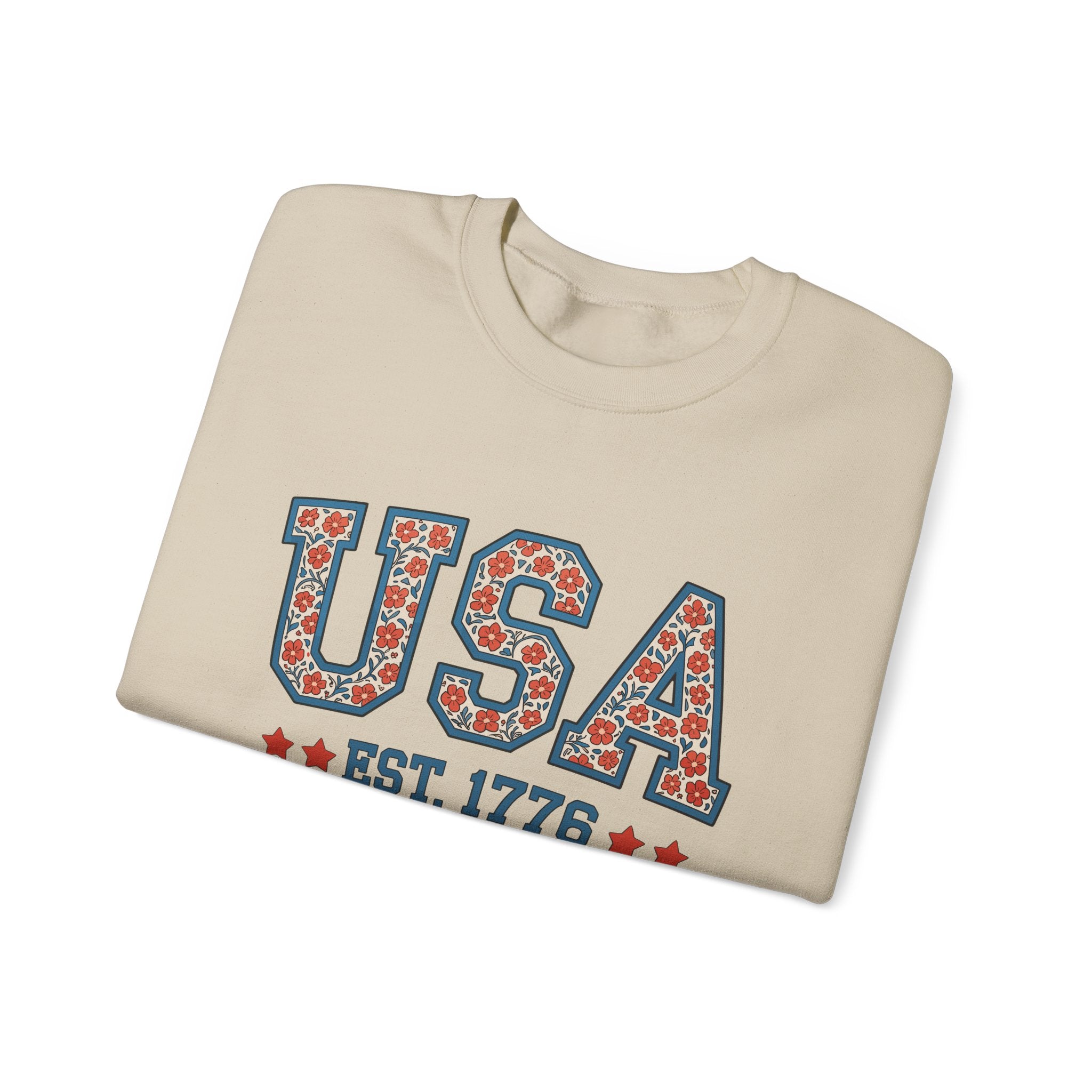 USA Floral Crewneck Sweatshirt – Custom Sleeve Text Pullover, Patriotic EST 1776 Gildan 15000, Vintage Americana Sweatshirt