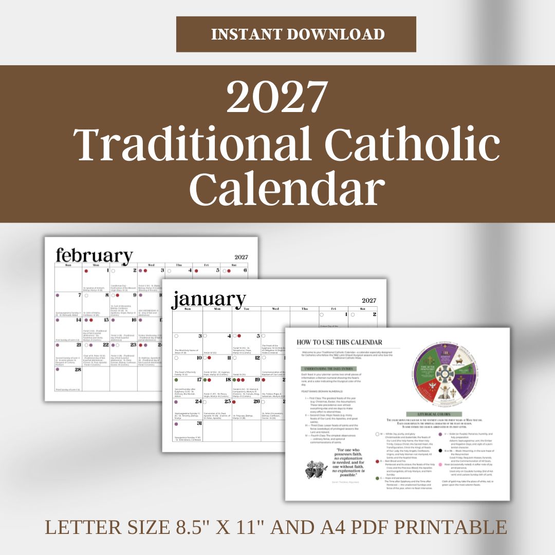 2027 Traditional Catholic Calendar: Latin Mass Feasts with Color-coded days according to Feasts and Priest Vestments