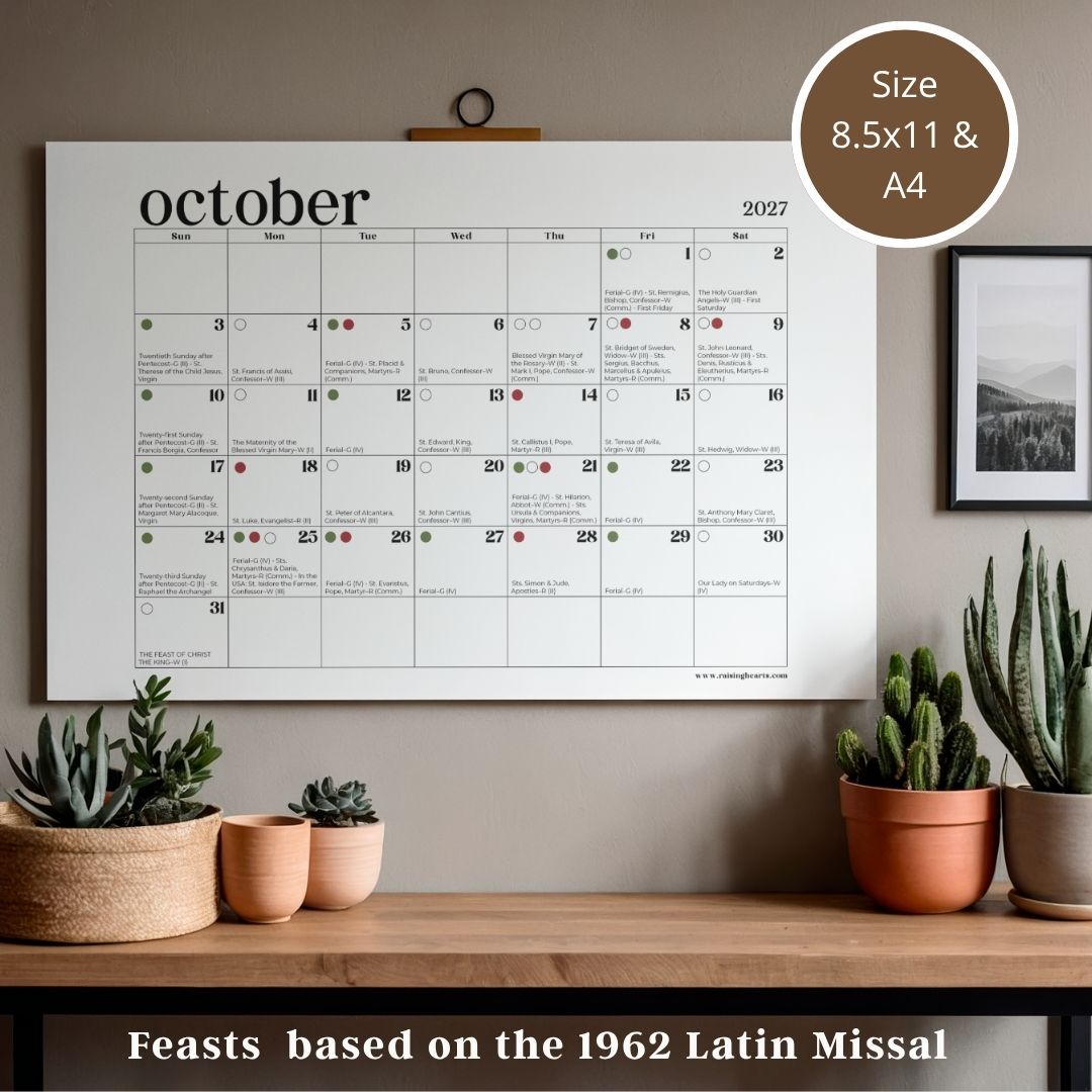 2027 Traditional Catholic Calendar: Latin Mass Feasts with Color-coded days according to Feasts and Priest Vestments
