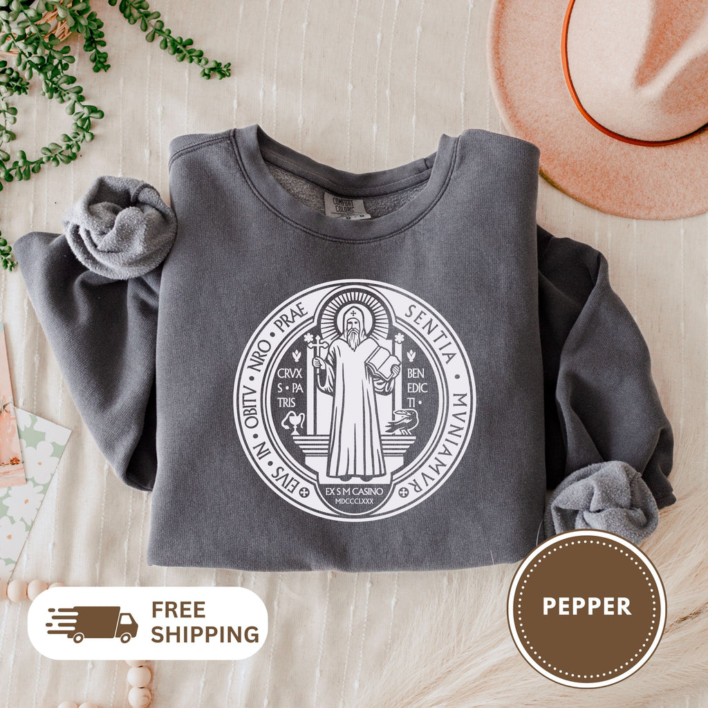 Saint Benedict Medal Unisex Sweatshirt, Crewneck Jumper, Christian Religious Gift, Catholic Clothing, Vintage Style Top