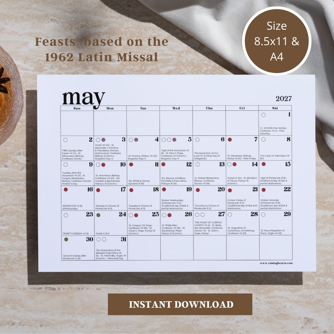 2027 Traditional Catholic Calendar: Latin Mass Feasts with Color-coded days according to Feasts and Priest Vestments