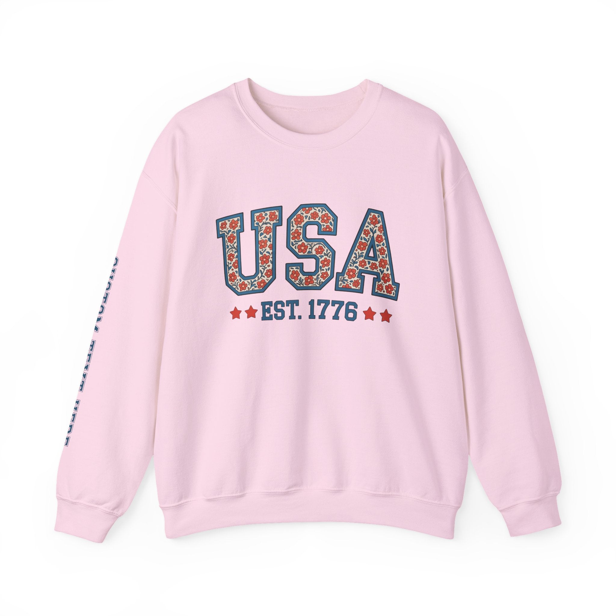 USA Floral Crewneck Sweatshirt – Custom Sleeve Text Pullover, Patriotic EST 1776 Gildan 15000, Vintage Americana Sweatshirt