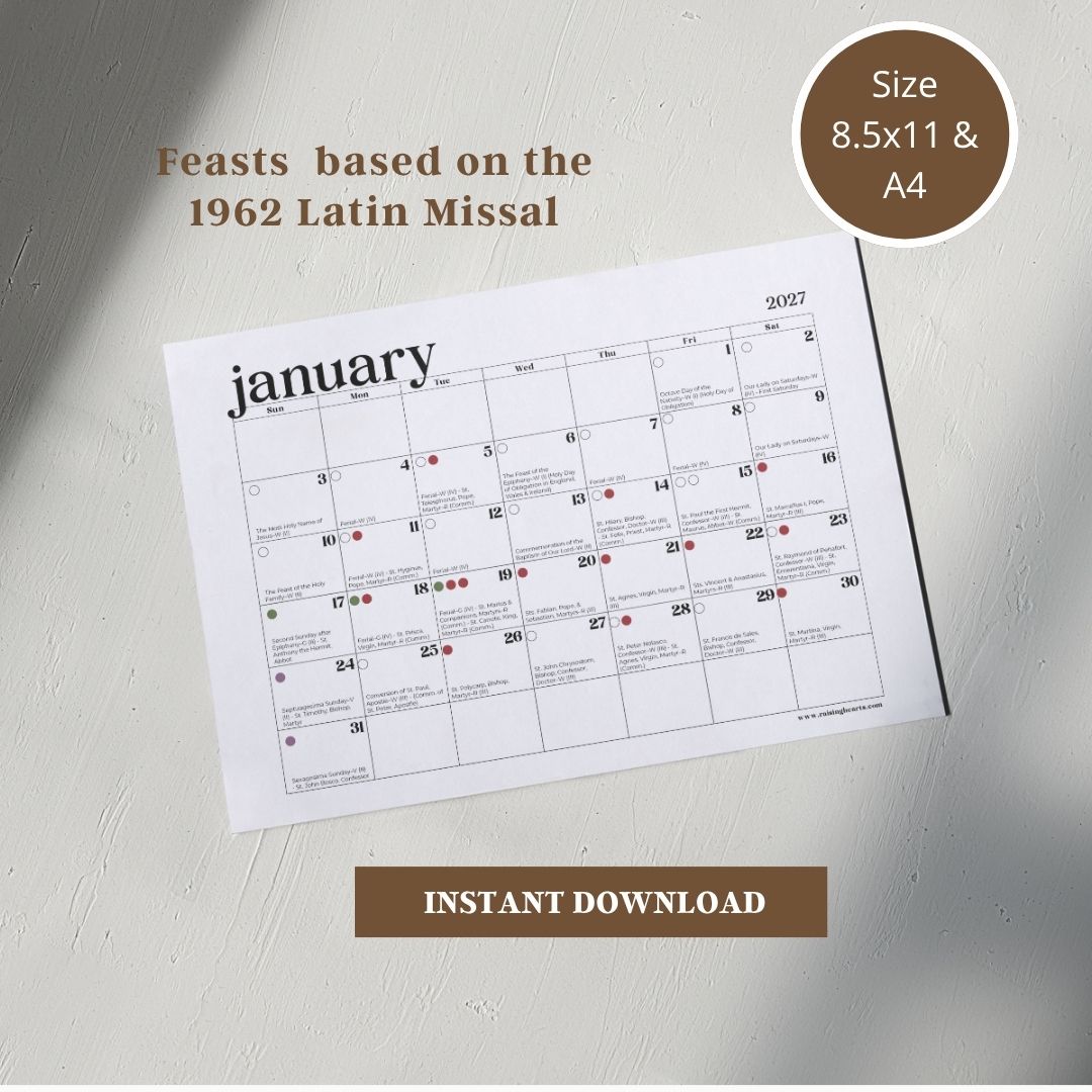 2027 Traditional Catholic Calendar: Latin Mass Feasts with Color-coded days according to Feasts and Priest Vestments