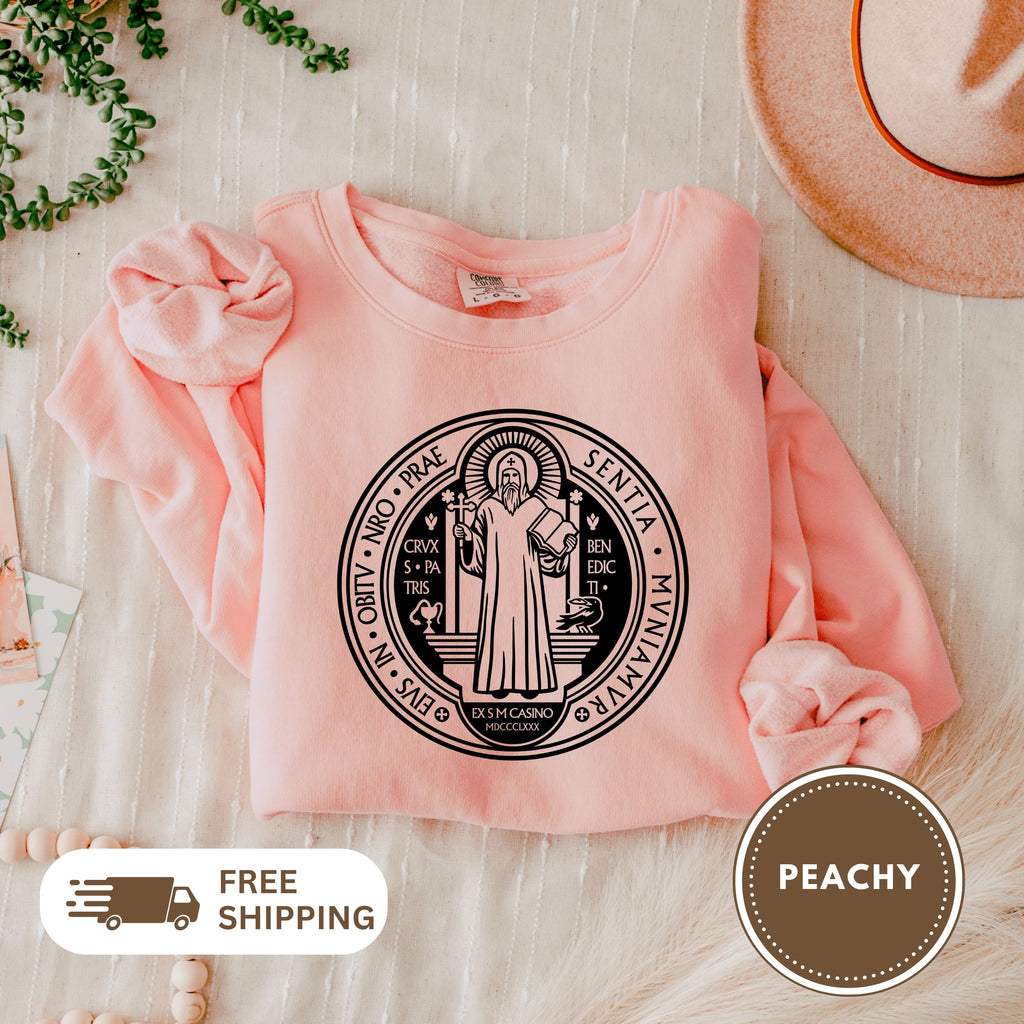 Saint Benedict Medal Unisex Sweatshirt, Crewneck Jumper, Christian Religious Gift, Catholic Clothing, Vintage Style Top