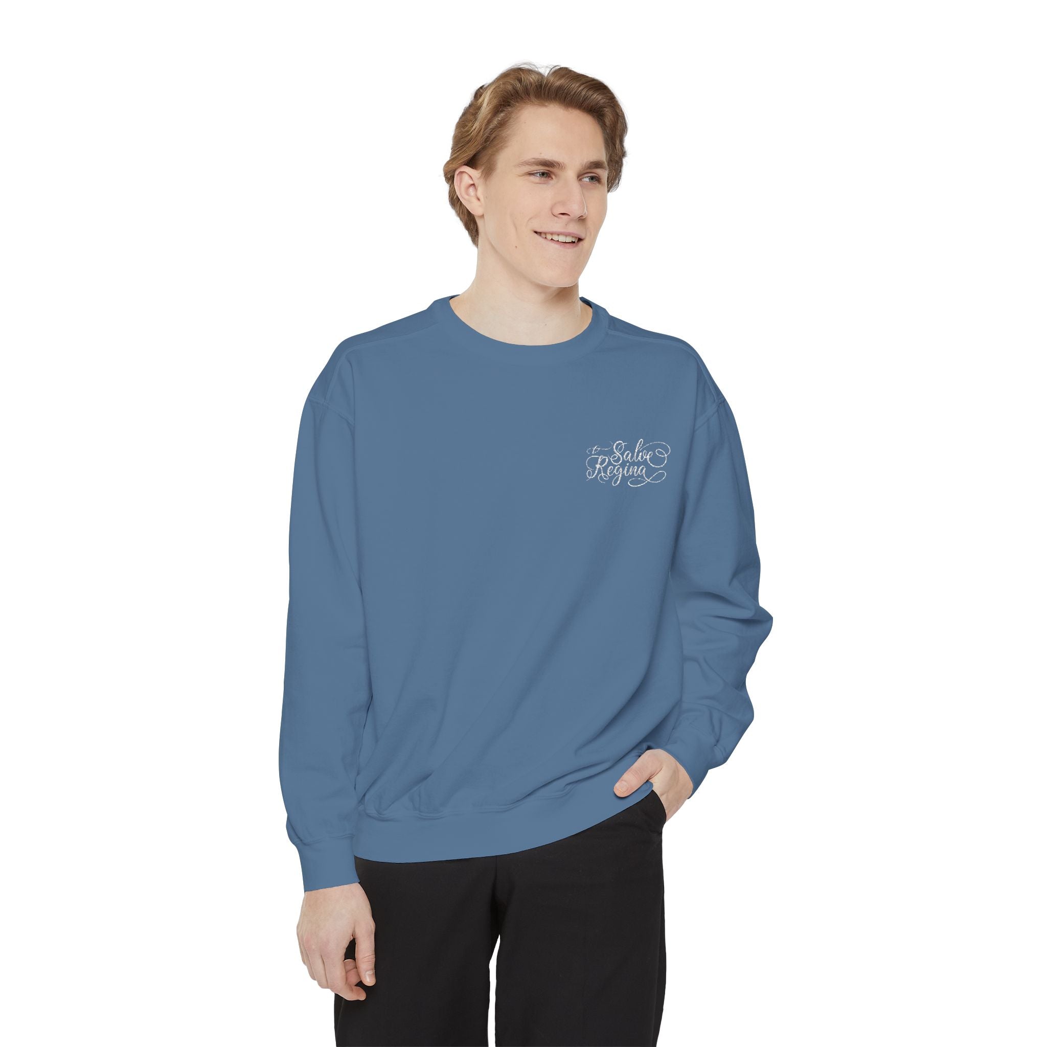 Comfort Colors Salve Regina Sweatshirt: Embroidered Marian Catholic Crewneck