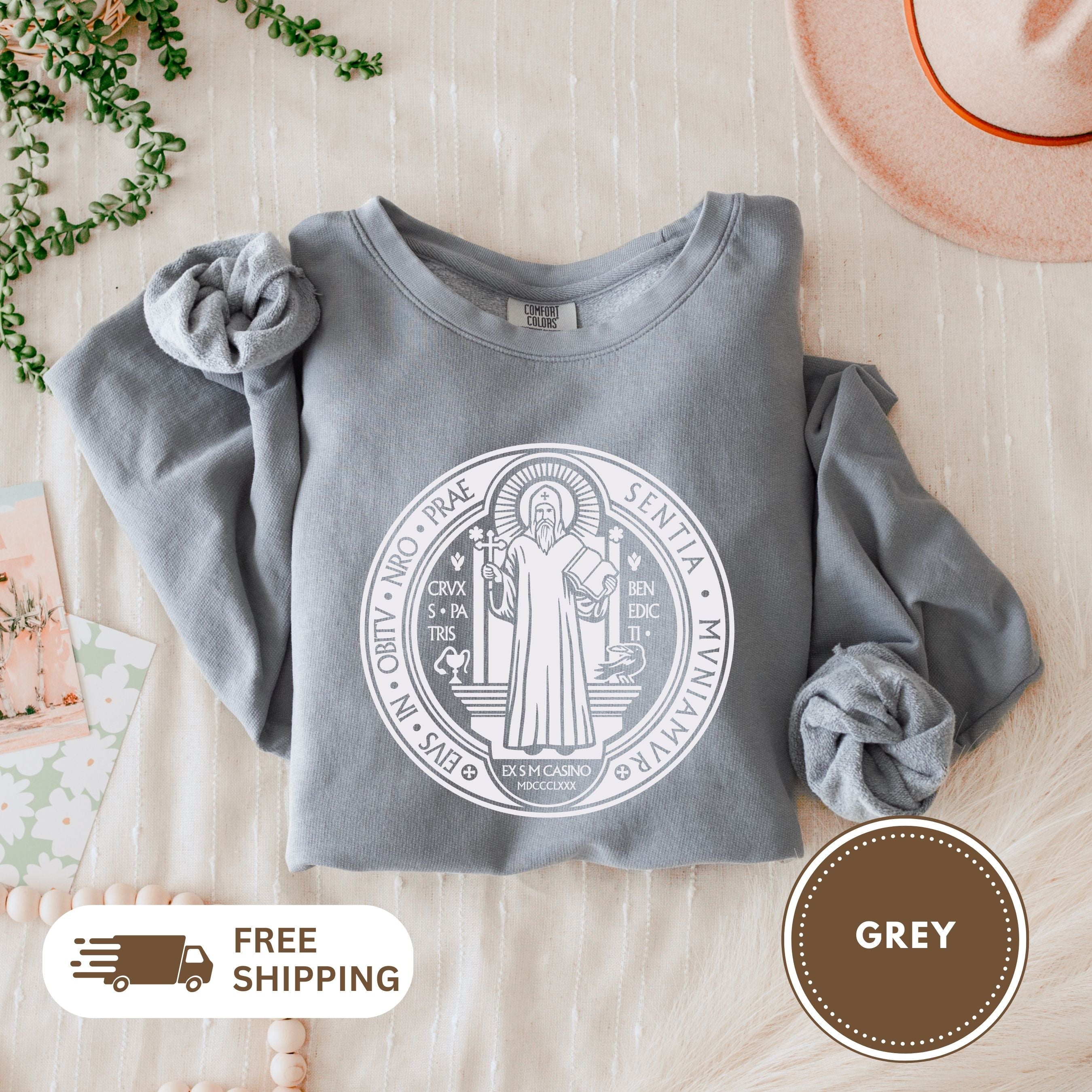 Saint Benedict Medal Unisex Sweatshirt, Crewneck Jumper, Christian Religious Gift, Catholic Clothing, Vintage Style Top