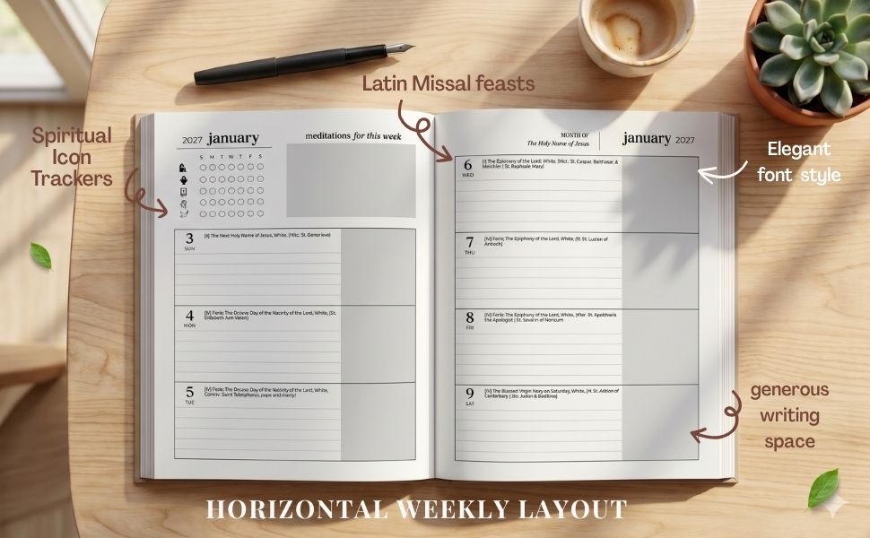 2026–2027 Traditional Catholic Planner: Horizontal Weekly Layout | 1962 Latin Mass Feasts | Murillo Cover