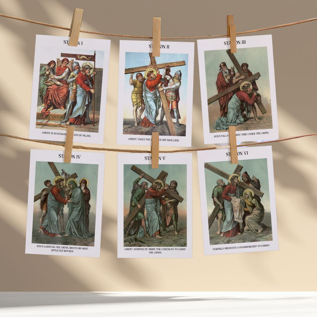 Stations of the Cross Printable for Kids, Catholic Lenten Decor for Home Altar, 14 Station Vintage Wall Cards, Letter A4 Download