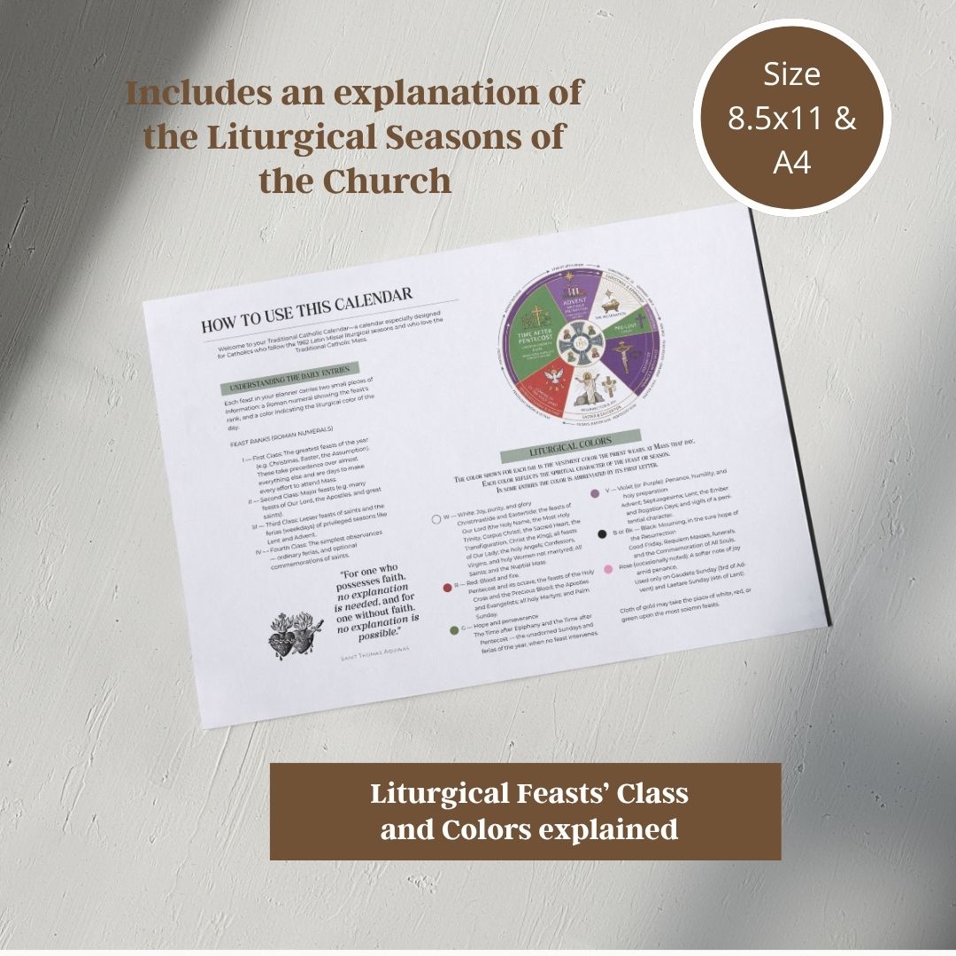 2027 Traditional Catholic Calendar: Latin Mass Feasts with Color-coded days according to Feasts and Priest Vestments