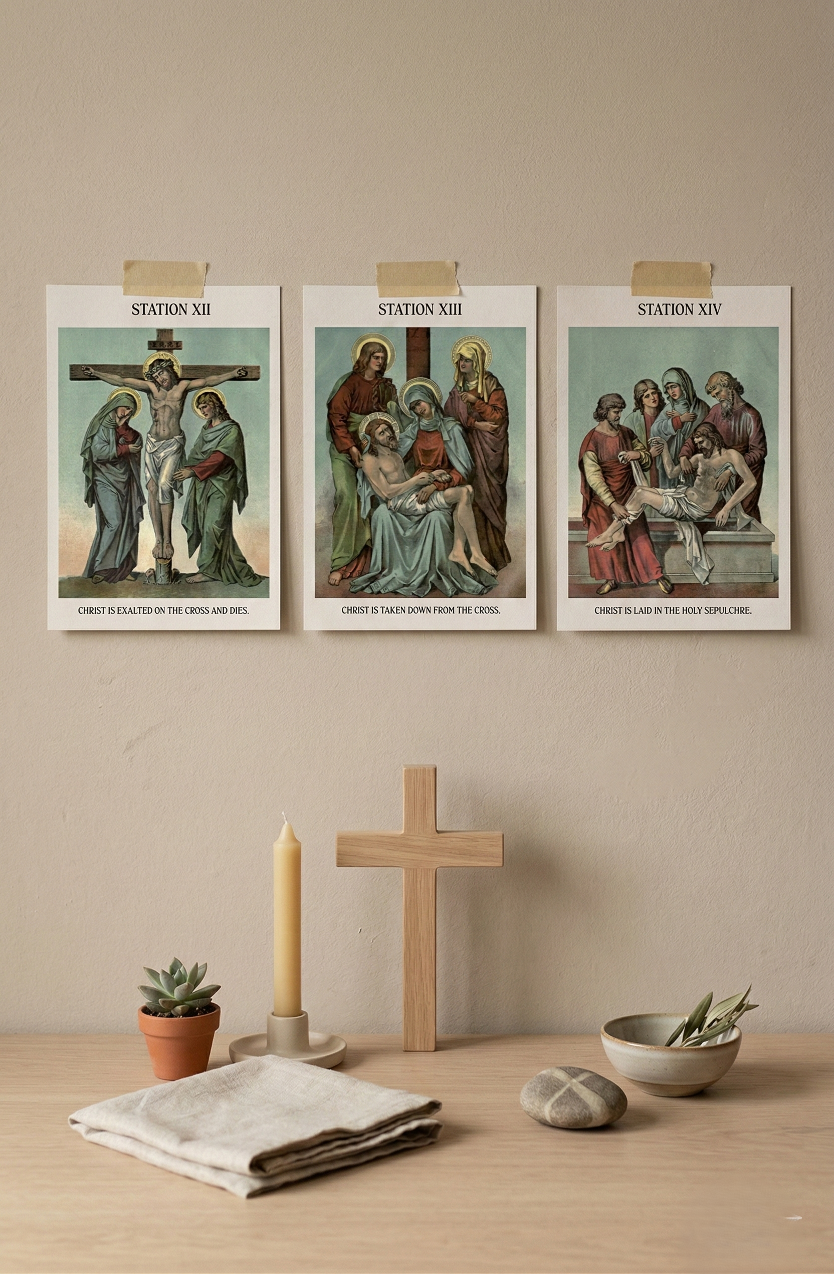 Stations of the Cross Printable for Kids, Catholic Lenten Decor for Home Altar, 14 Station Vintage Wall Cards, Letter A4 Download