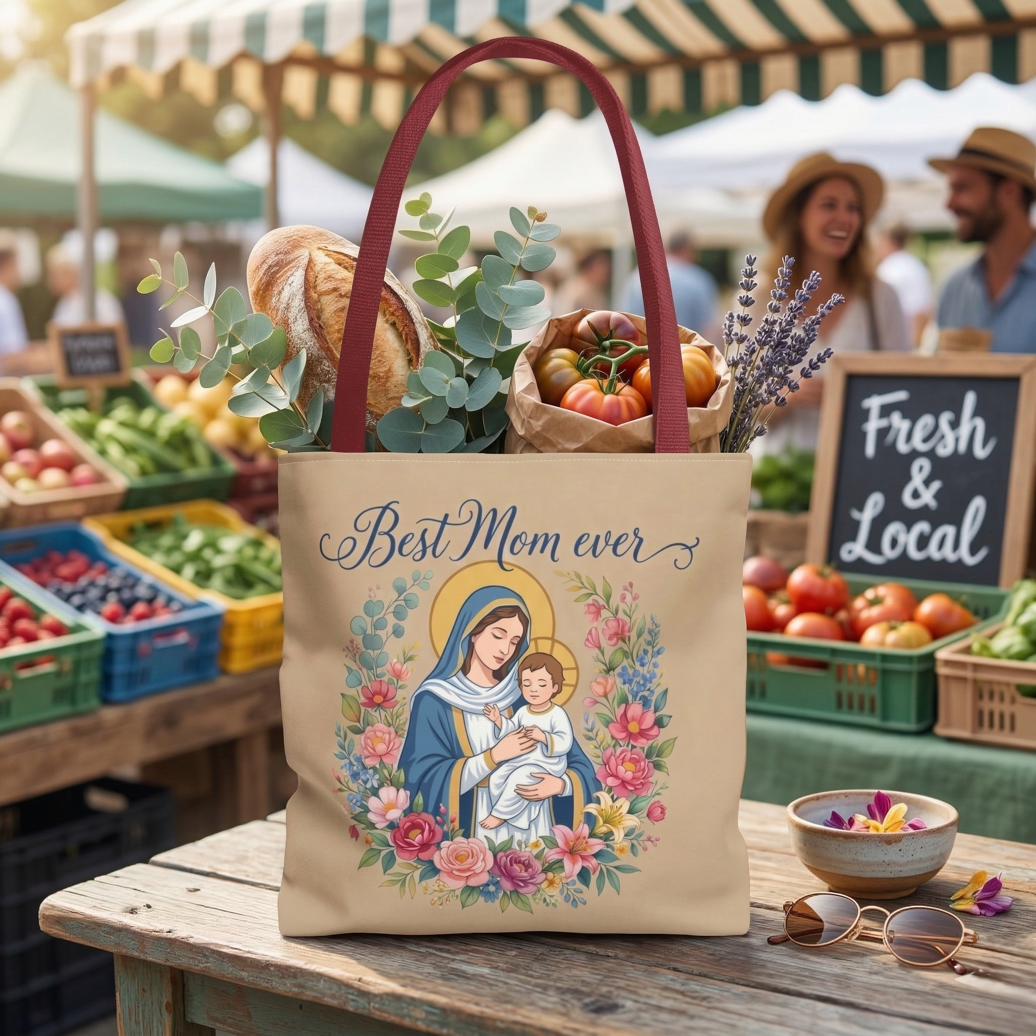 Mother Mary "Best Mom Ever" Floral Tote Bag