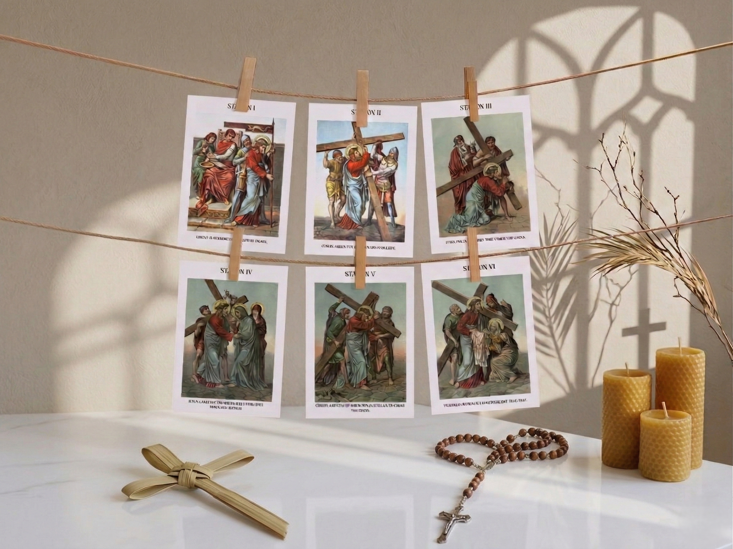 Stations of the Cross Printable for Kids, Catholic Lenten Decor for Home Altar, 14 Station Vintage Wall Cards, Letter A4 Download