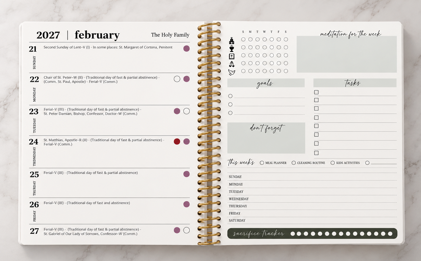 PREORDER: 2027 Traditional Catholic Planner, Dashboard Weekly layout (Feasts of the 1962 Missal)