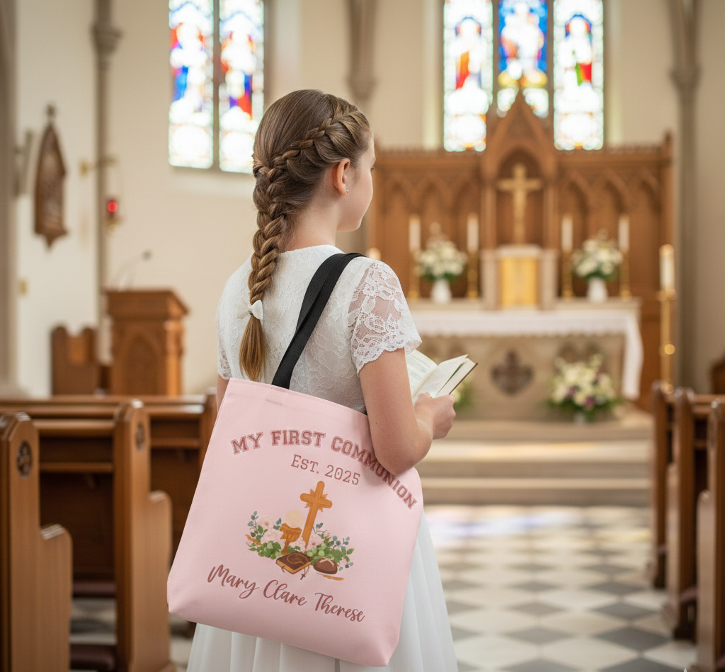 Young girl in a church holding a pink 'My First Communion' tote bag.
