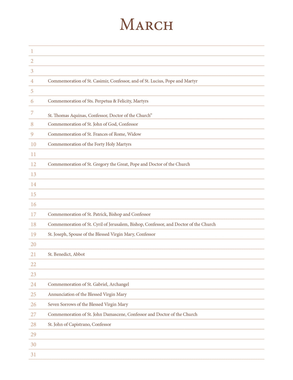 A Perpetual List Calendar of Saints and Non-Moveable Feasts - Liturgical Calendar based on 1962 Missal